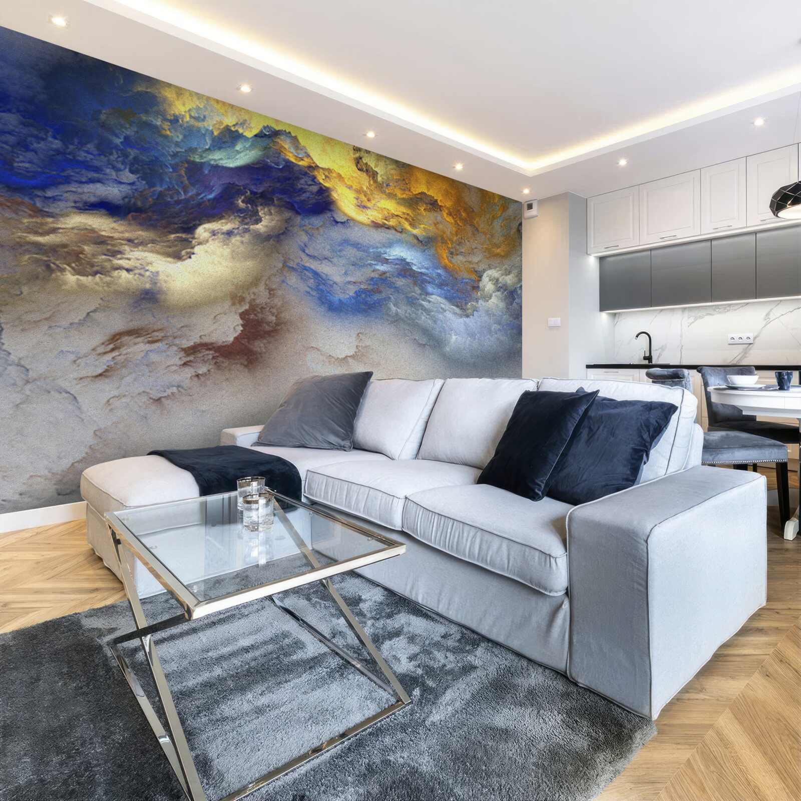 Fototapeta mramor s odtieňmi, maľovaný v modrej a žltej farbe