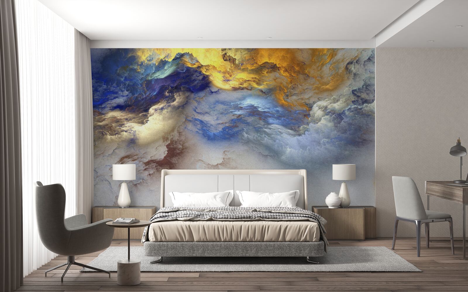 Fototapeta mramor s odtieňmi, maľovaný v modrej a žltej farbe