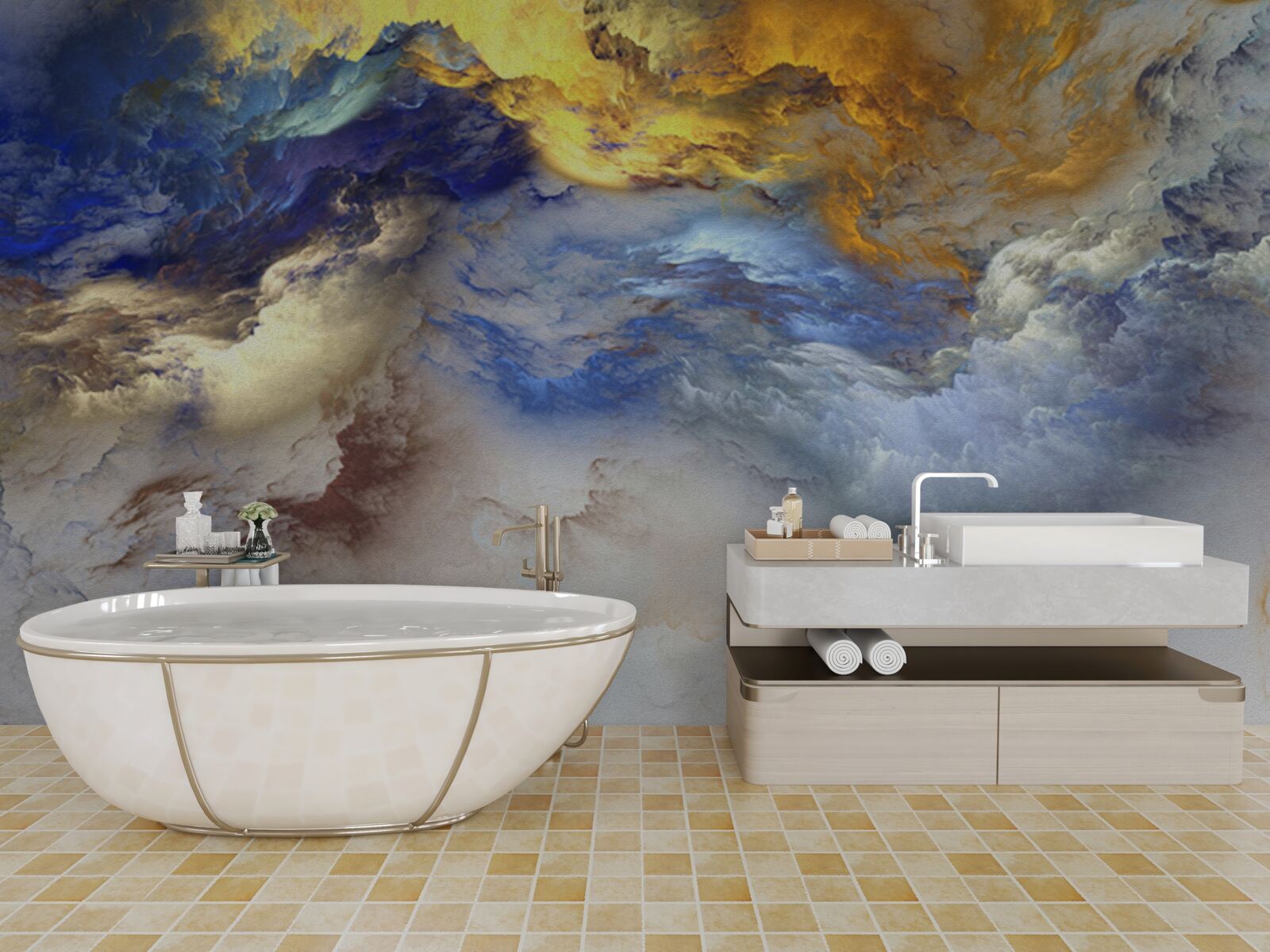 Fototapeta mramor s odtieňmi, maľovaný v modrej a žltej farbe