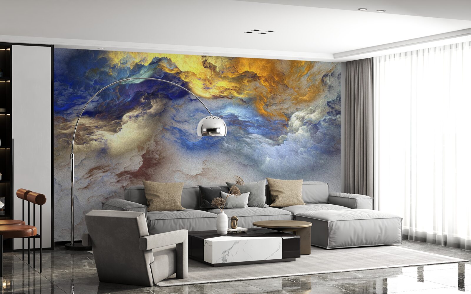 Fototapeta mramor s odtieňmi, maľovaný v modrej a žltej farbe