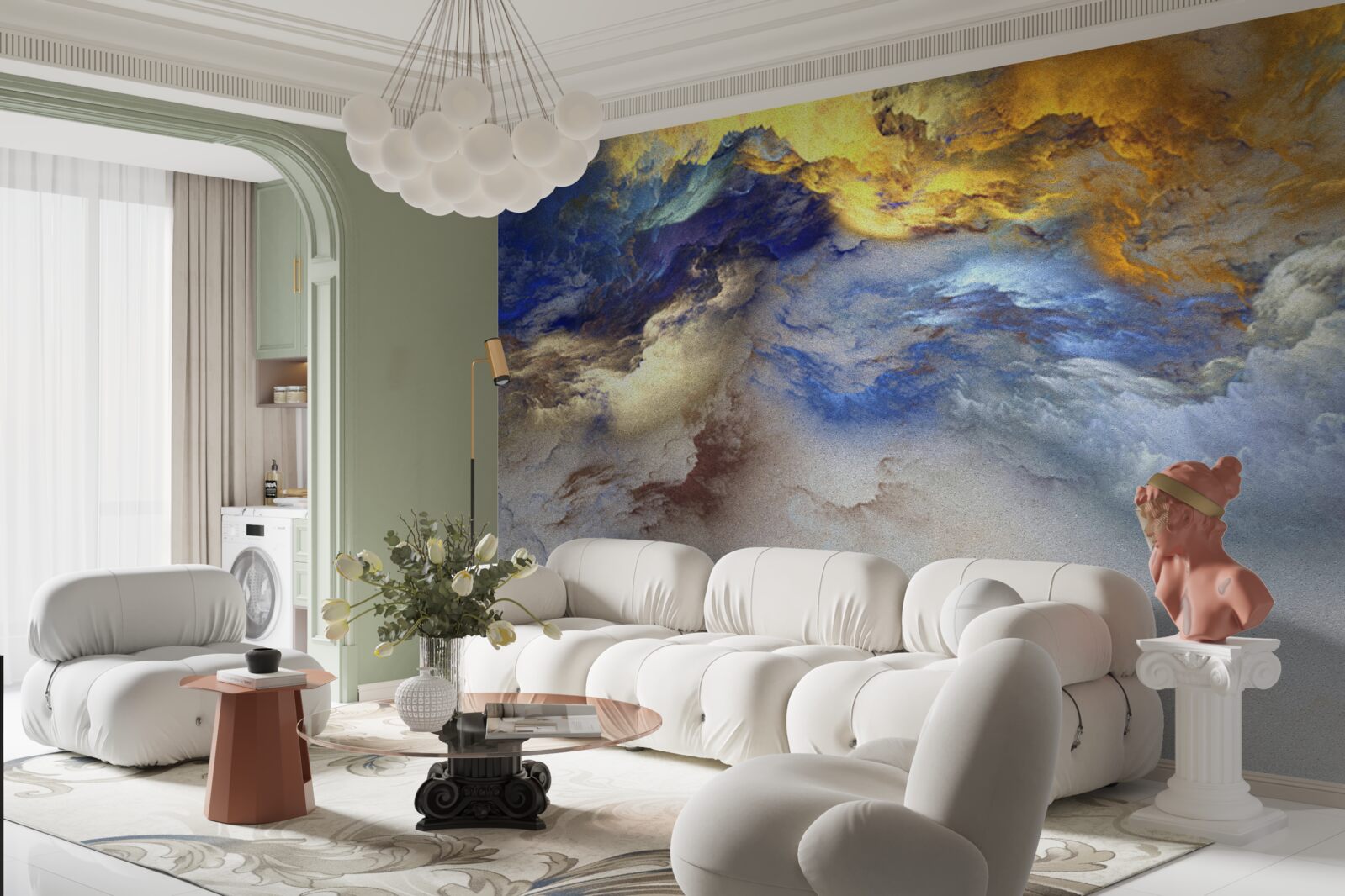 Fototapeta mramor s odtieňmi, maľovaný v modrej a žltej farbe