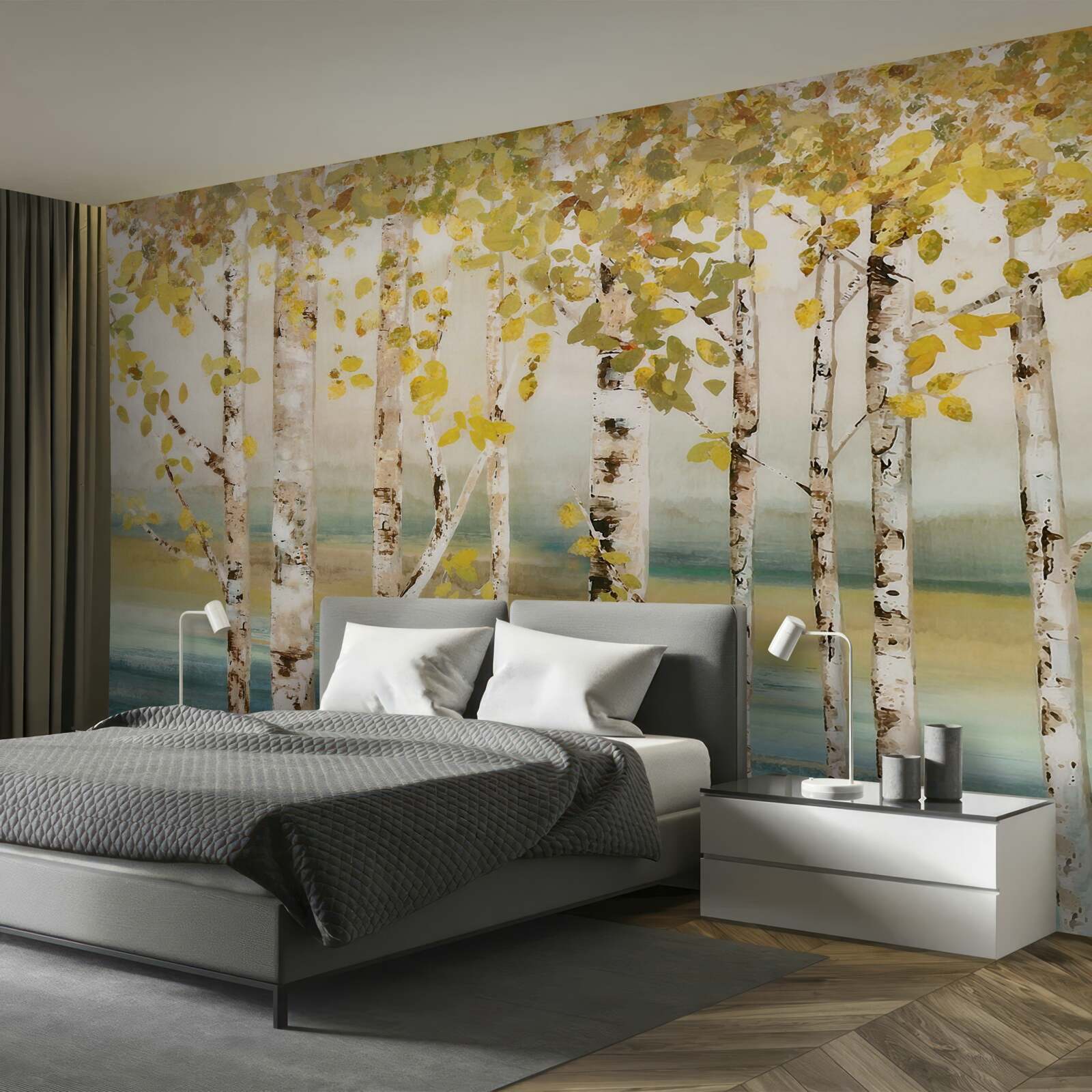 Fototapeta rybník v brezovom lese na jeseň