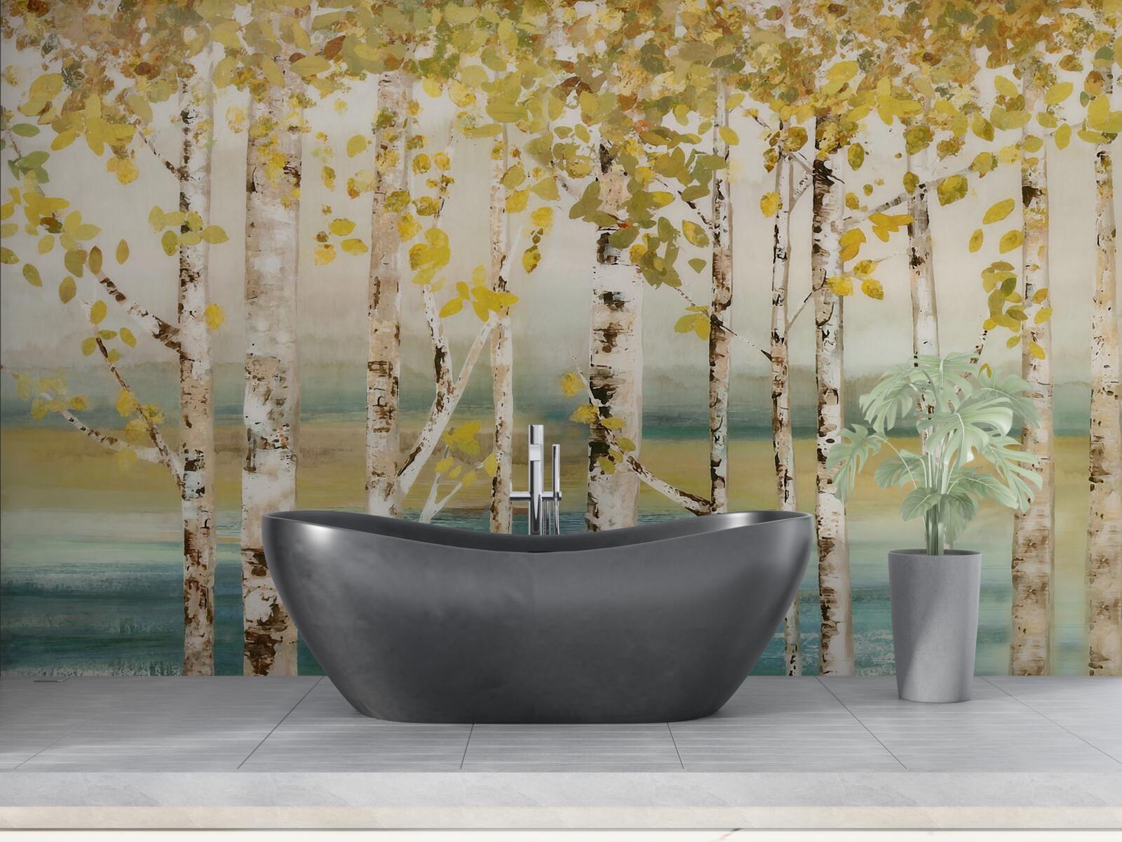 Fototapeta rybník v brezovom lese na jeseň