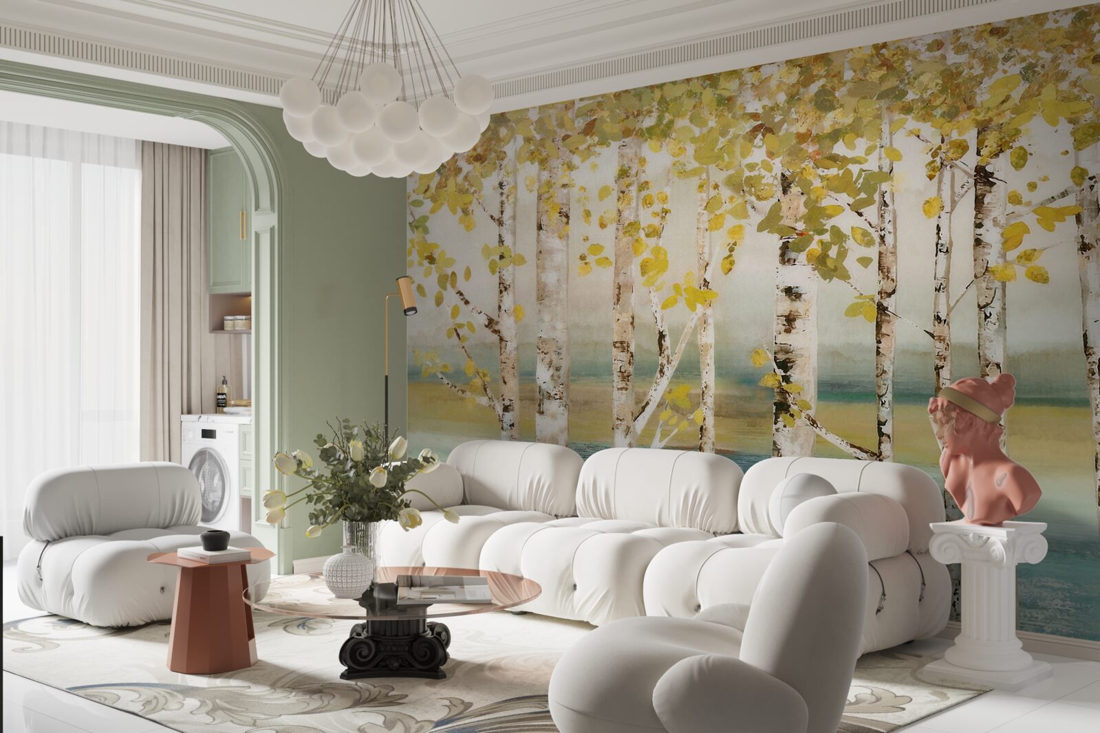 Fototapeta rybník v brezovom lese na jeseň