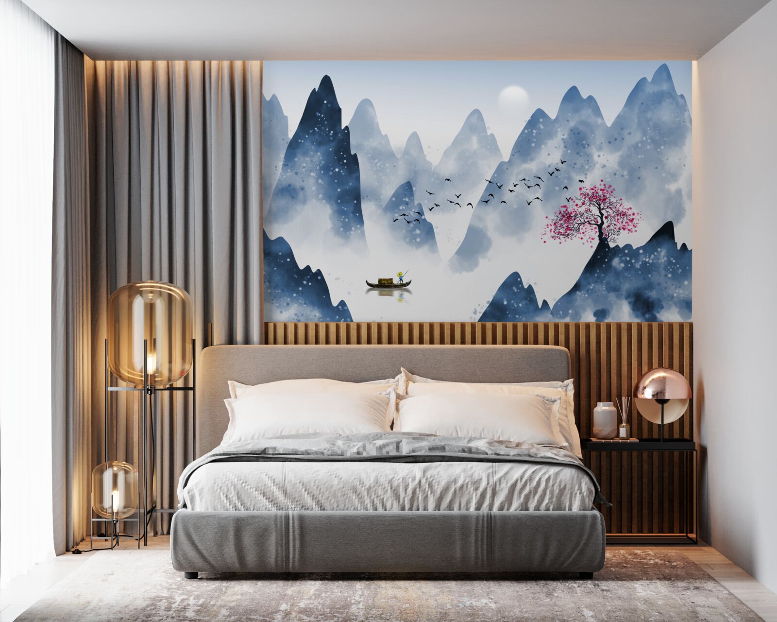 Fototapeta rybár sa vracia cez horské jazero