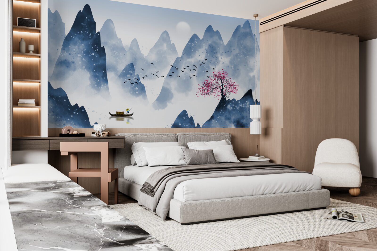 Fototapeta rybár sa vracia cez horské jazero