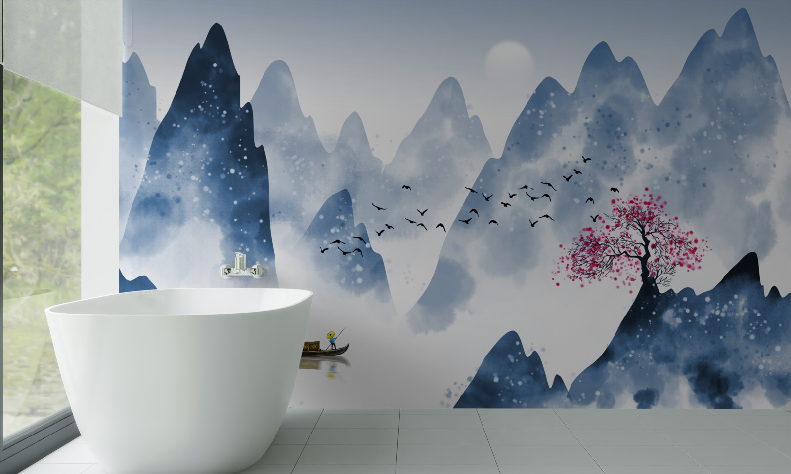 Fototapeta rybár sa vracia cez horské jazero