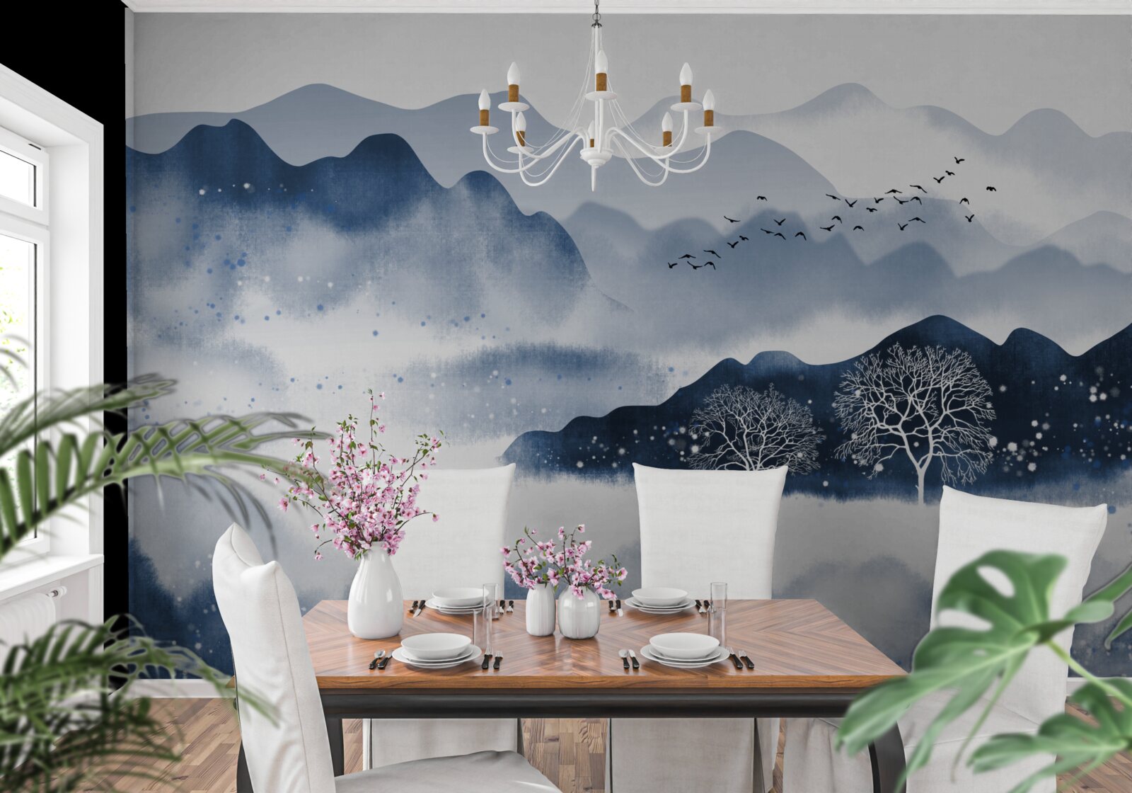 Fototapeta pozdĺž tichej horskej nádrže pomaly pláva rybár