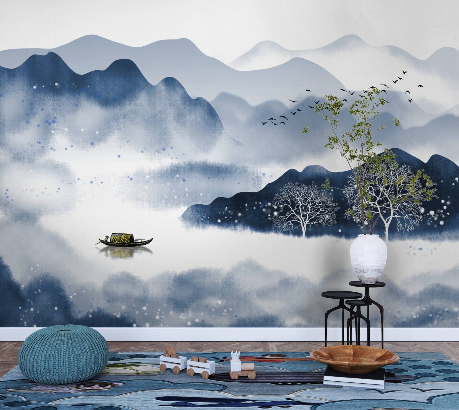 Fototapeta pozdĺž tichej horskej nádrže pomaly pláva rybár