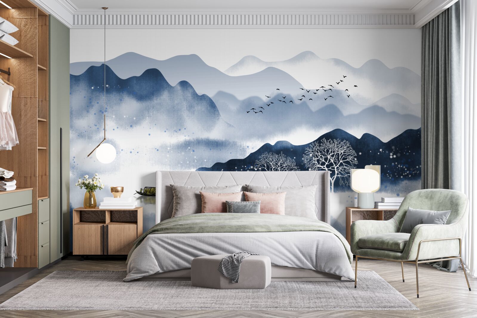 Fototapeta pozdĺž tichej horskej nádrže pomaly pláva rybár