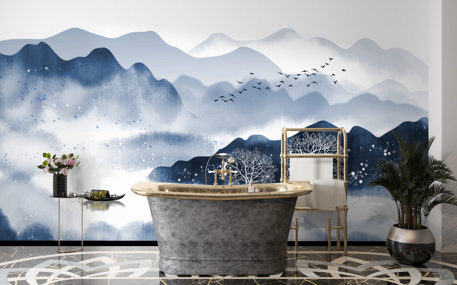 Fototapeta pozdĺž tichej horskej nádrže pomaly pláva rybár