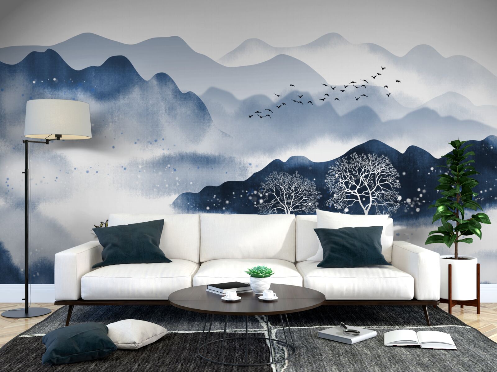 Fototapeta pozdĺž tichej horskej nádrže pomaly pláva rybár