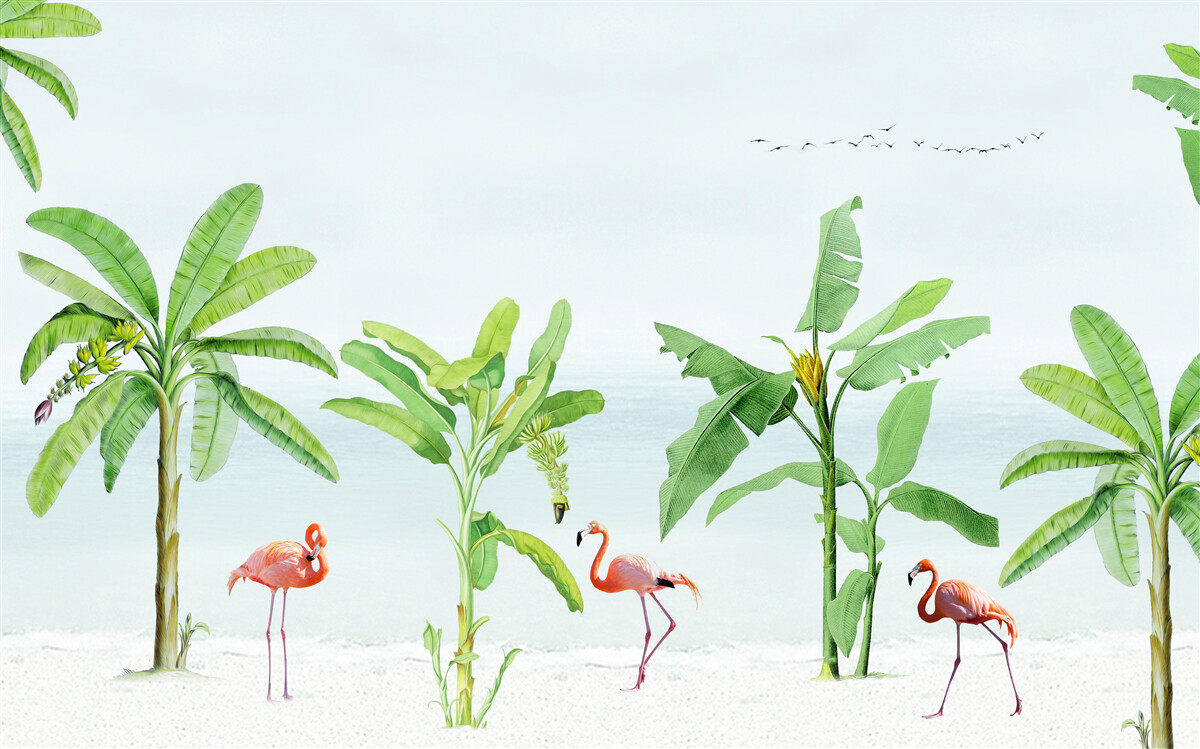 Fototapeta ružové plameniaky na pobreží paliem