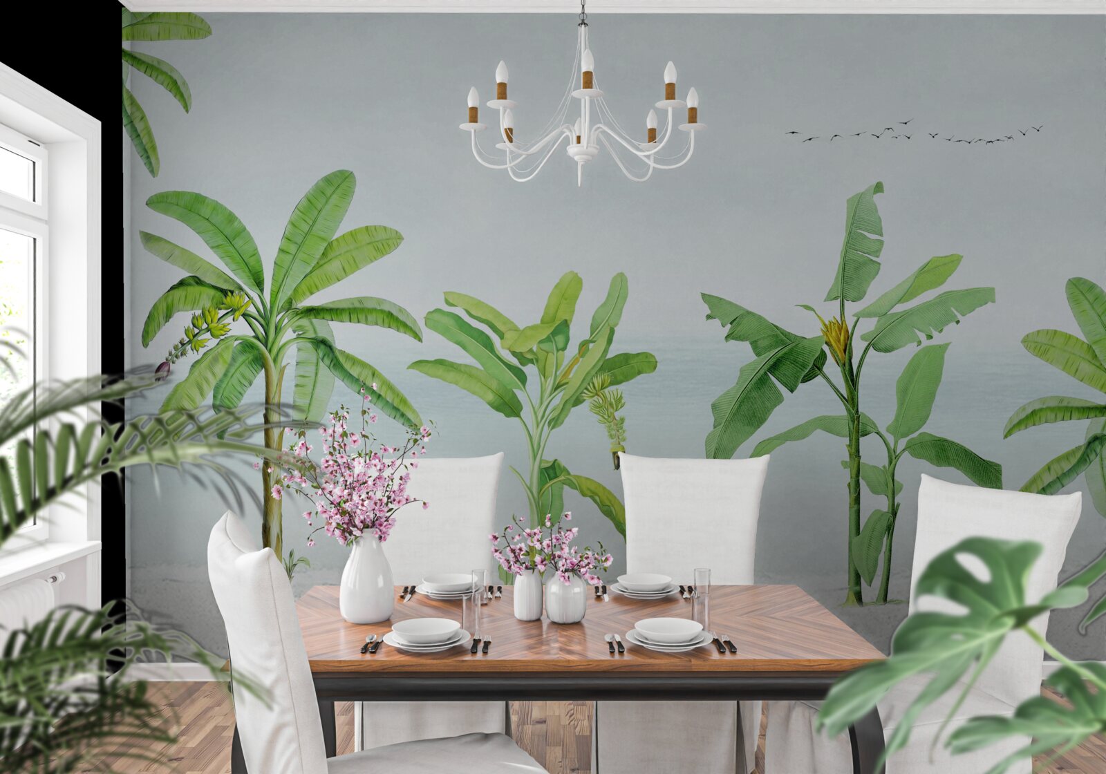 Fototapeta ružové plameniaky na pobreží paliem