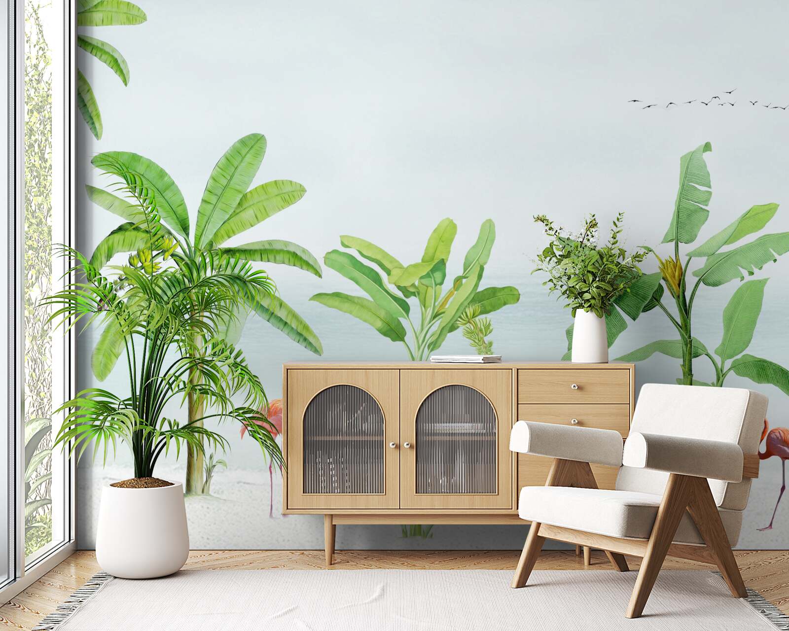 Fototapeta ružové plameniaky na pobreží paliem