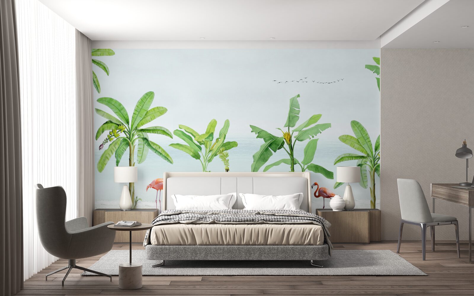 Fototapeta ružové plameniaky na pobreží paliem