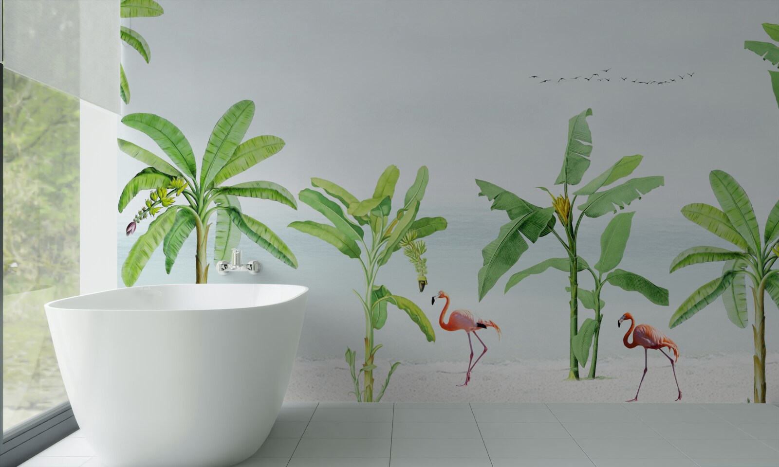 Fototapeta ružové plameniaky na pobreží paliem