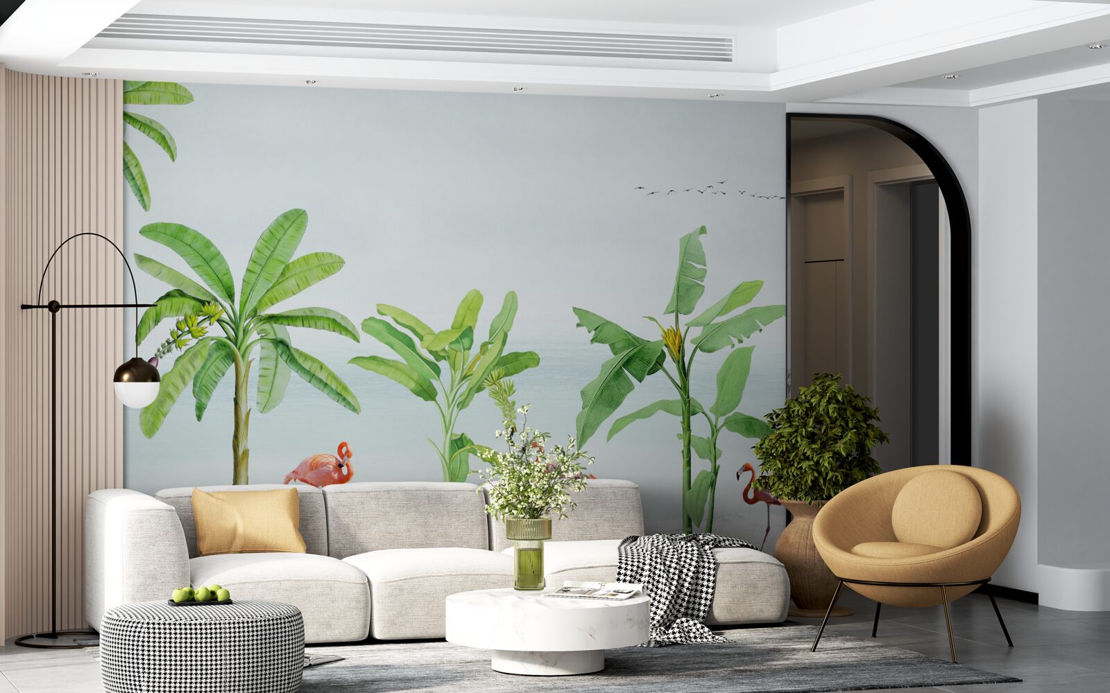 Fototapeta ružové plameniaky na pobreží paliem