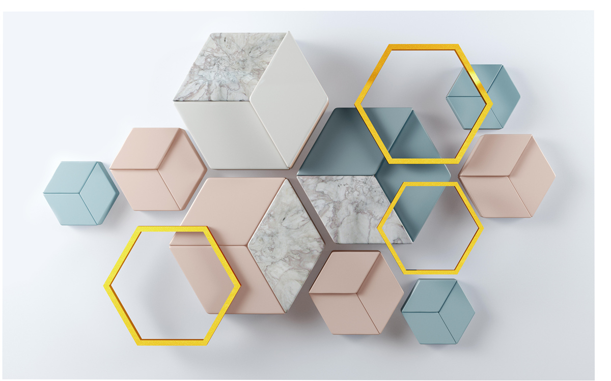 Fototapeta päťuholníkové tvary v troch rozmeroch na sivom pozadí