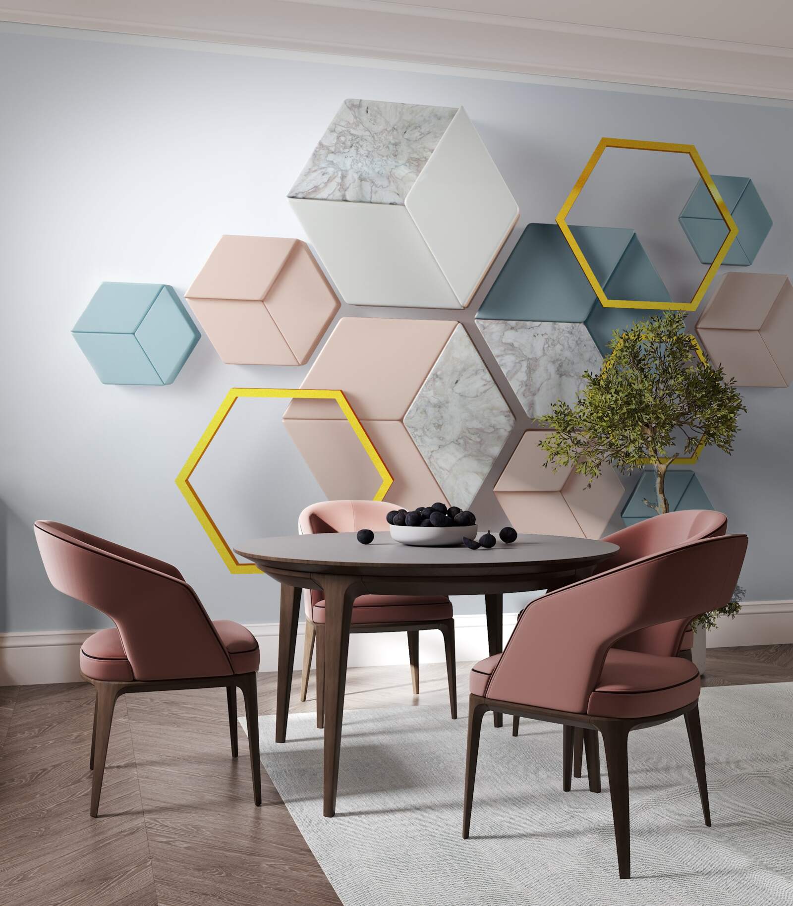 Fototapeta päťuholníkové tvary v troch rozmeroch na sivom pozadí