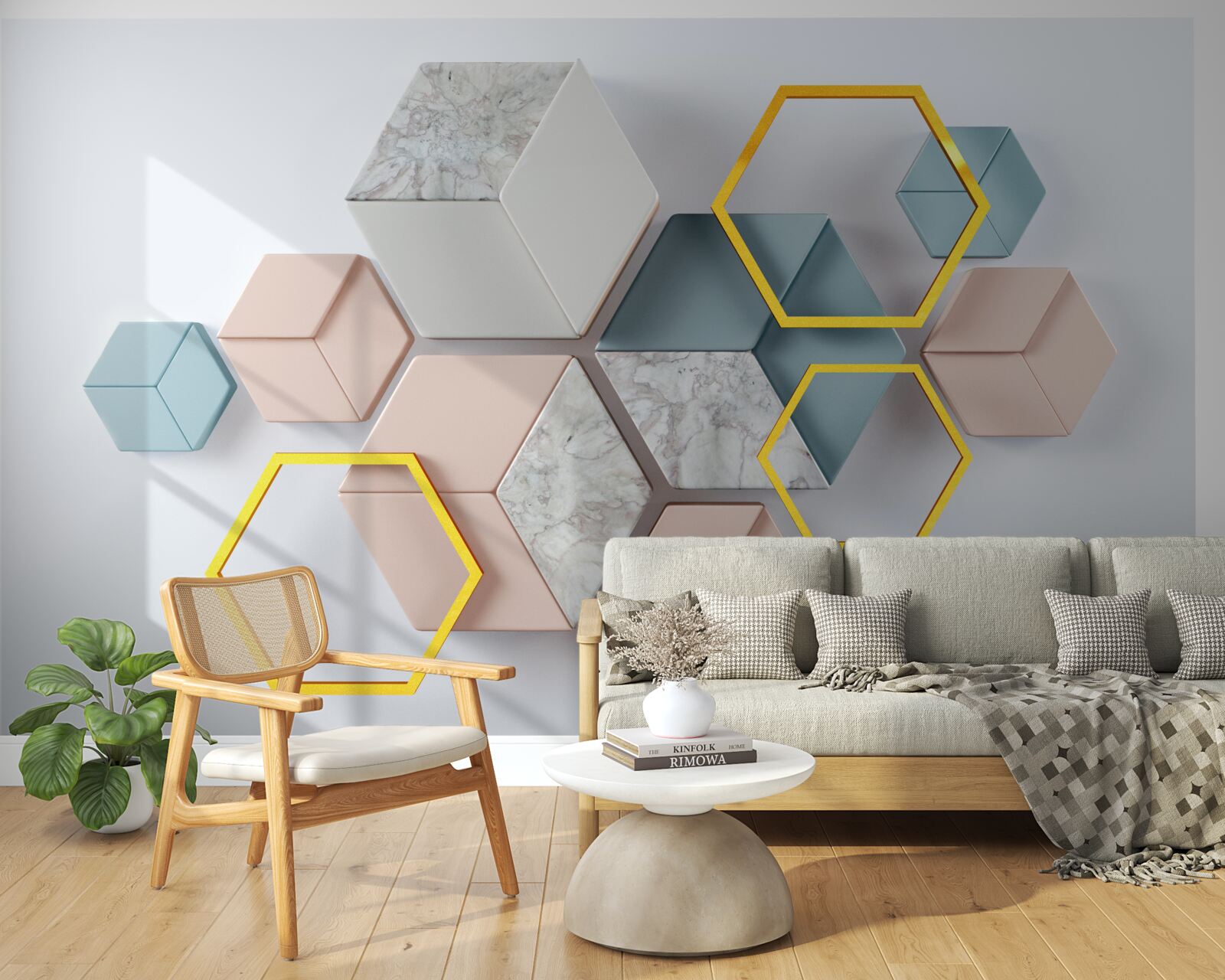 Fototapeta päťuholníkové tvary v troch rozmeroch na sivom pozadí