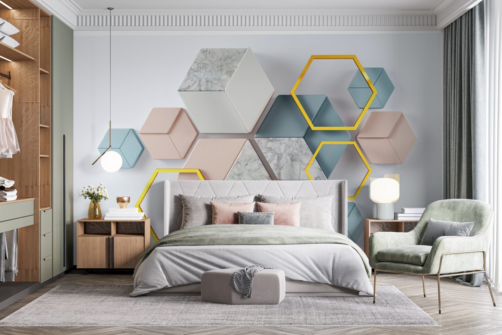 Fototapeta päťuholníkové tvary v troch rozmeroch na sivom pozadí