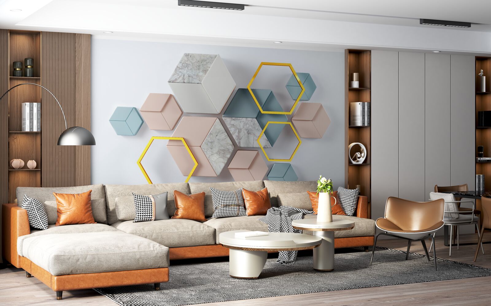 Fototapeta päťuholníkové tvary v troch rozmeroch na sivom pozadí