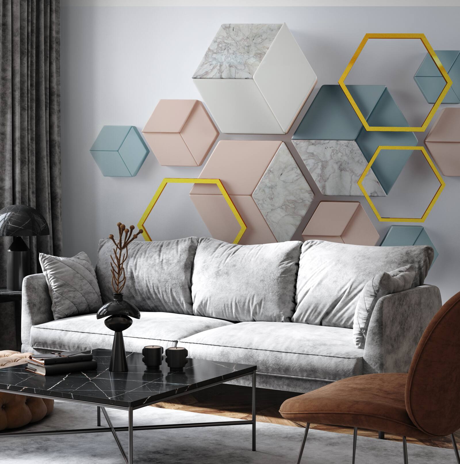 Fototapeta päťuholníkové tvary v troch rozmeroch na sivom pozadí