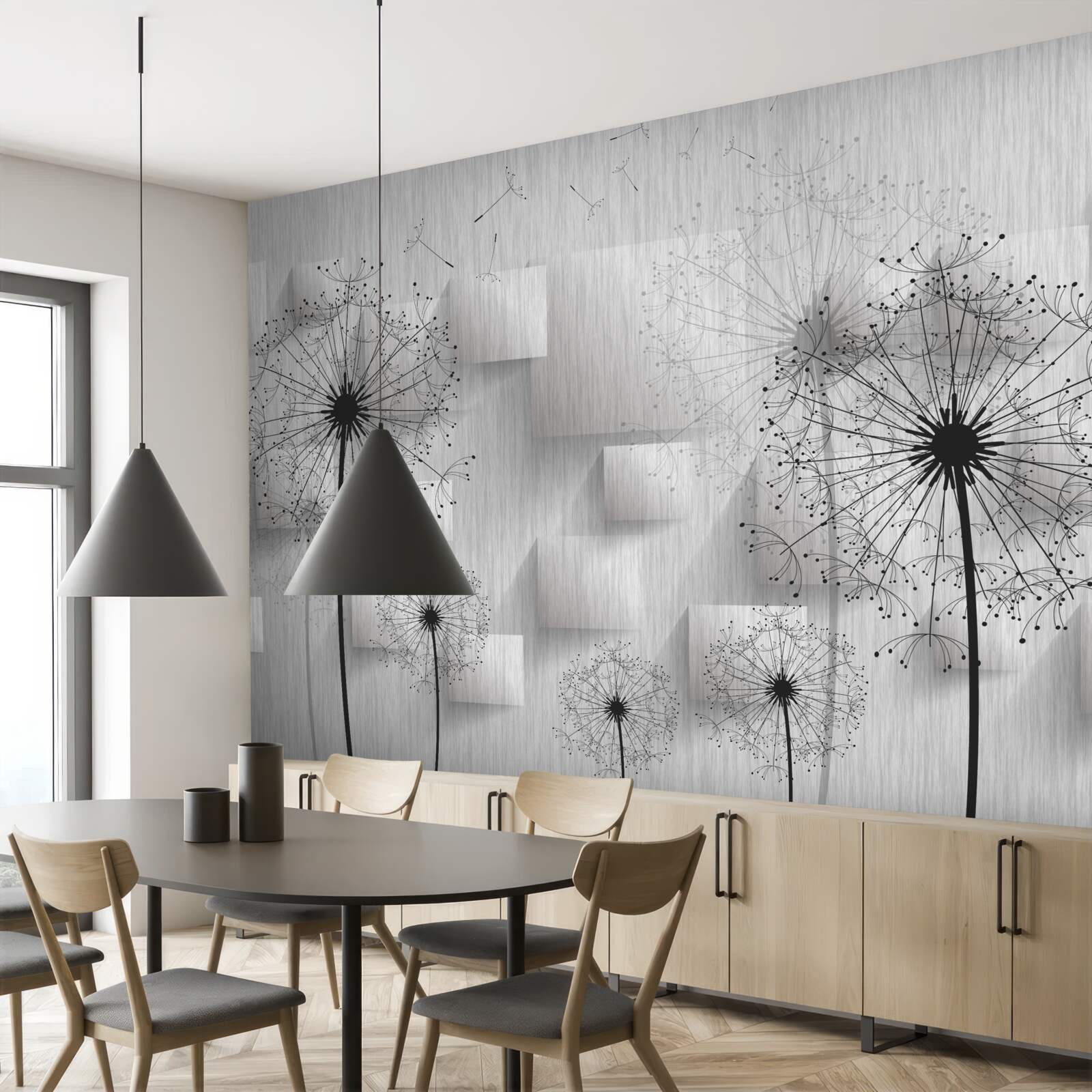 Fototapeta púpavy na pozadí geometrických tvarov tvoriacich štvorce