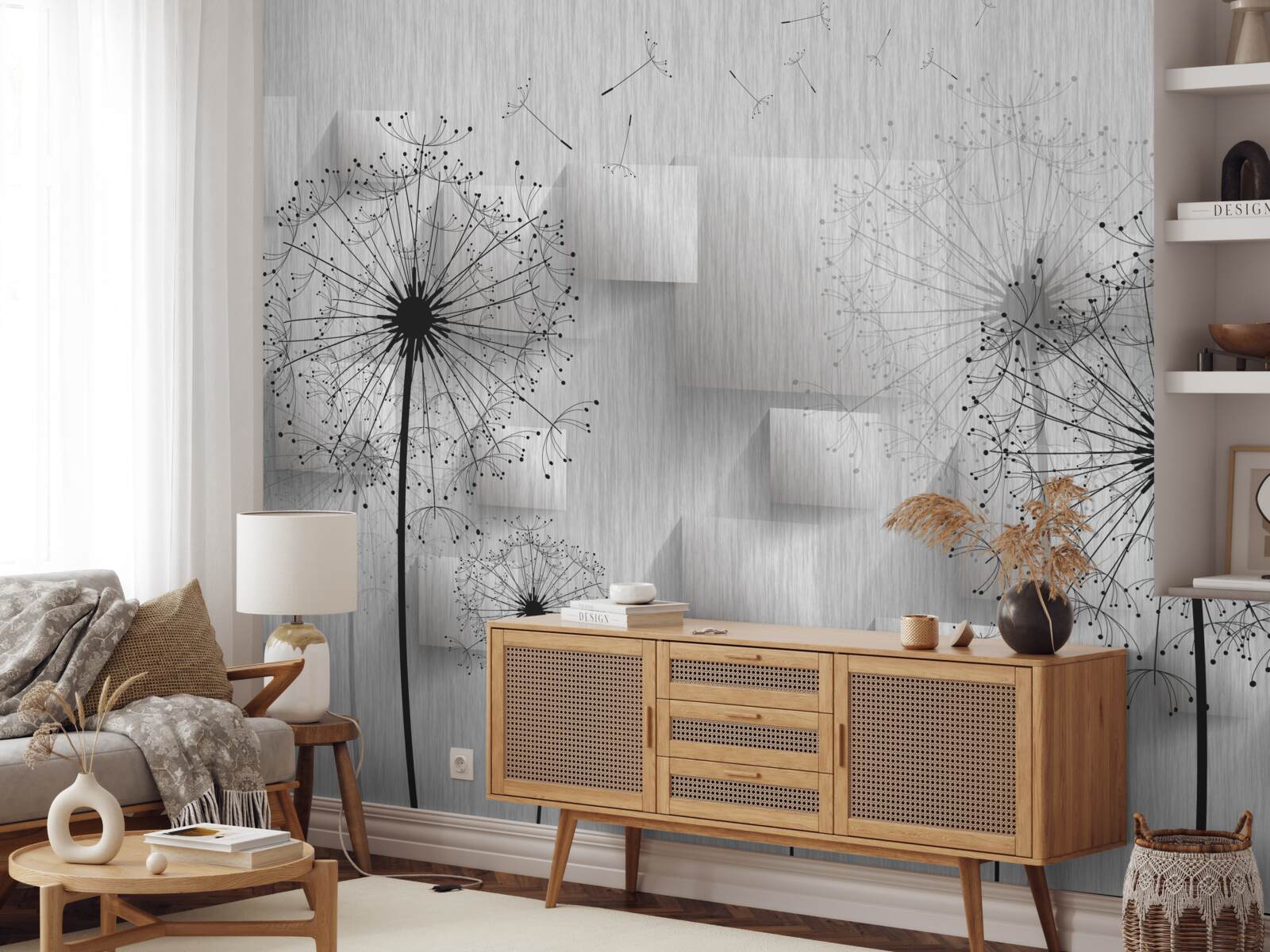 Fototapeta púpavy na pozadí geometrických tvarov tvoriacich štvorce