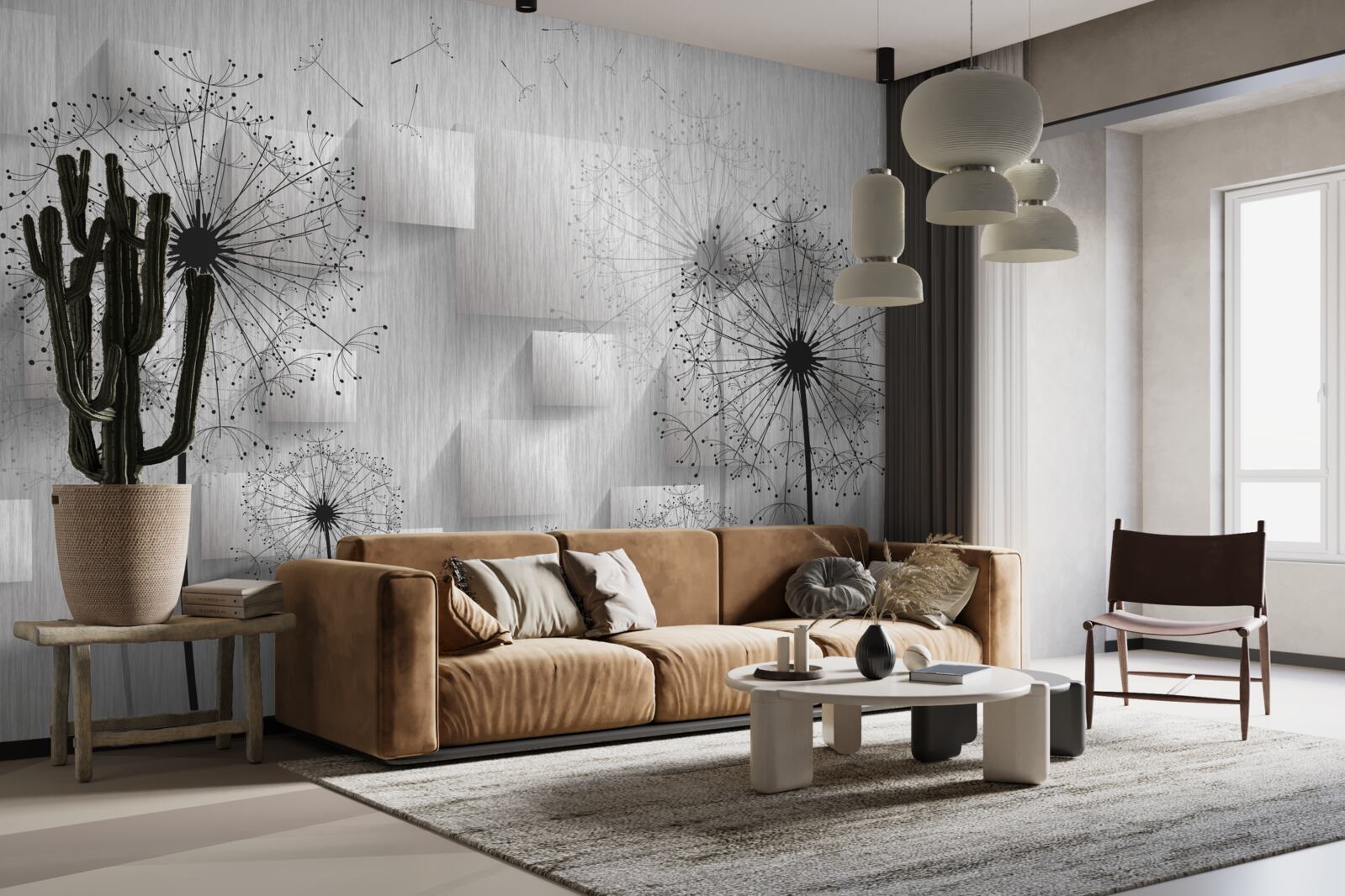 Fototapeta púpavy na pozadí geometrických tvarov tvoriacich štvorce