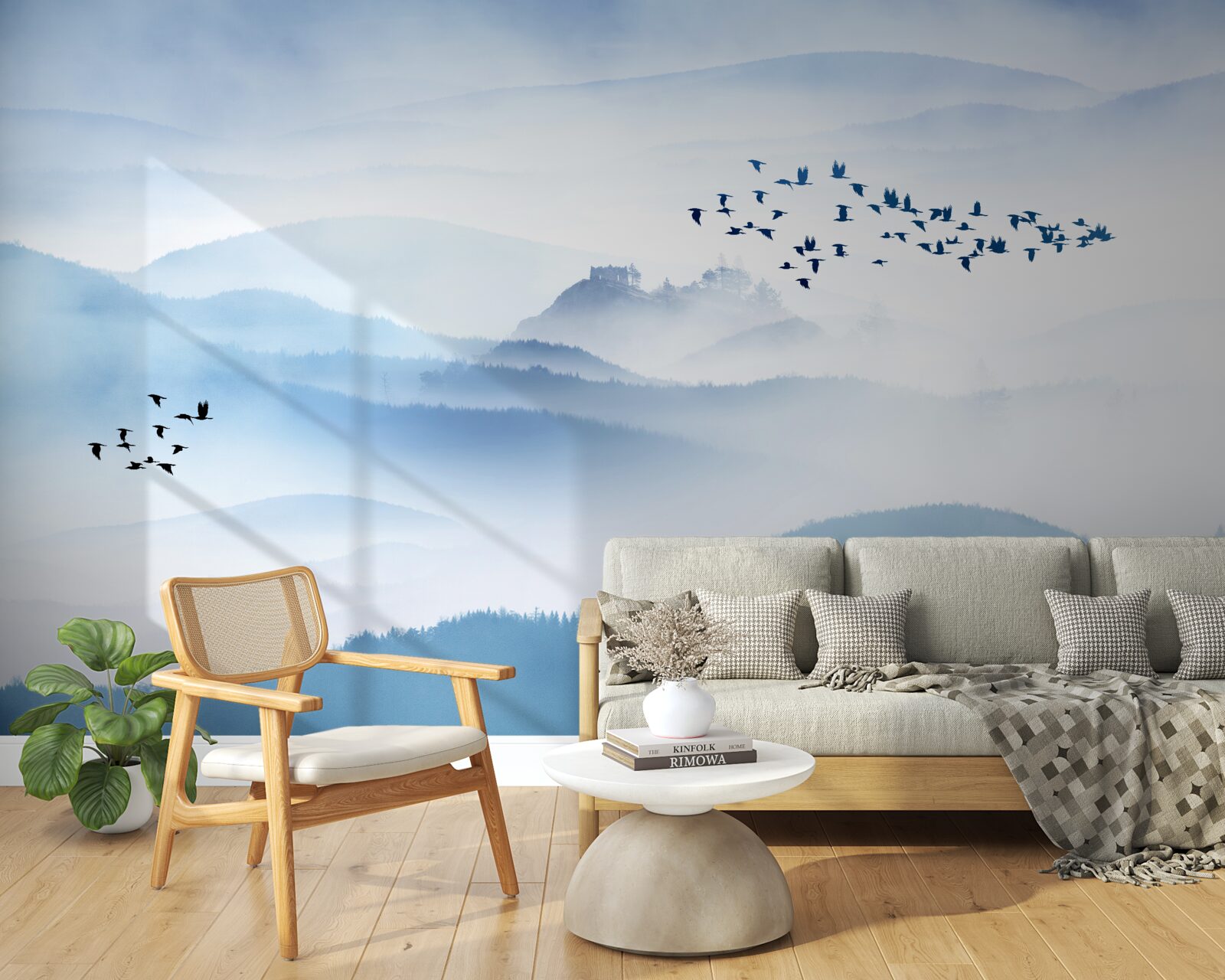 Fototapeta kŕdle vtákov sa vznášajú nad hmlistými vrcholmi