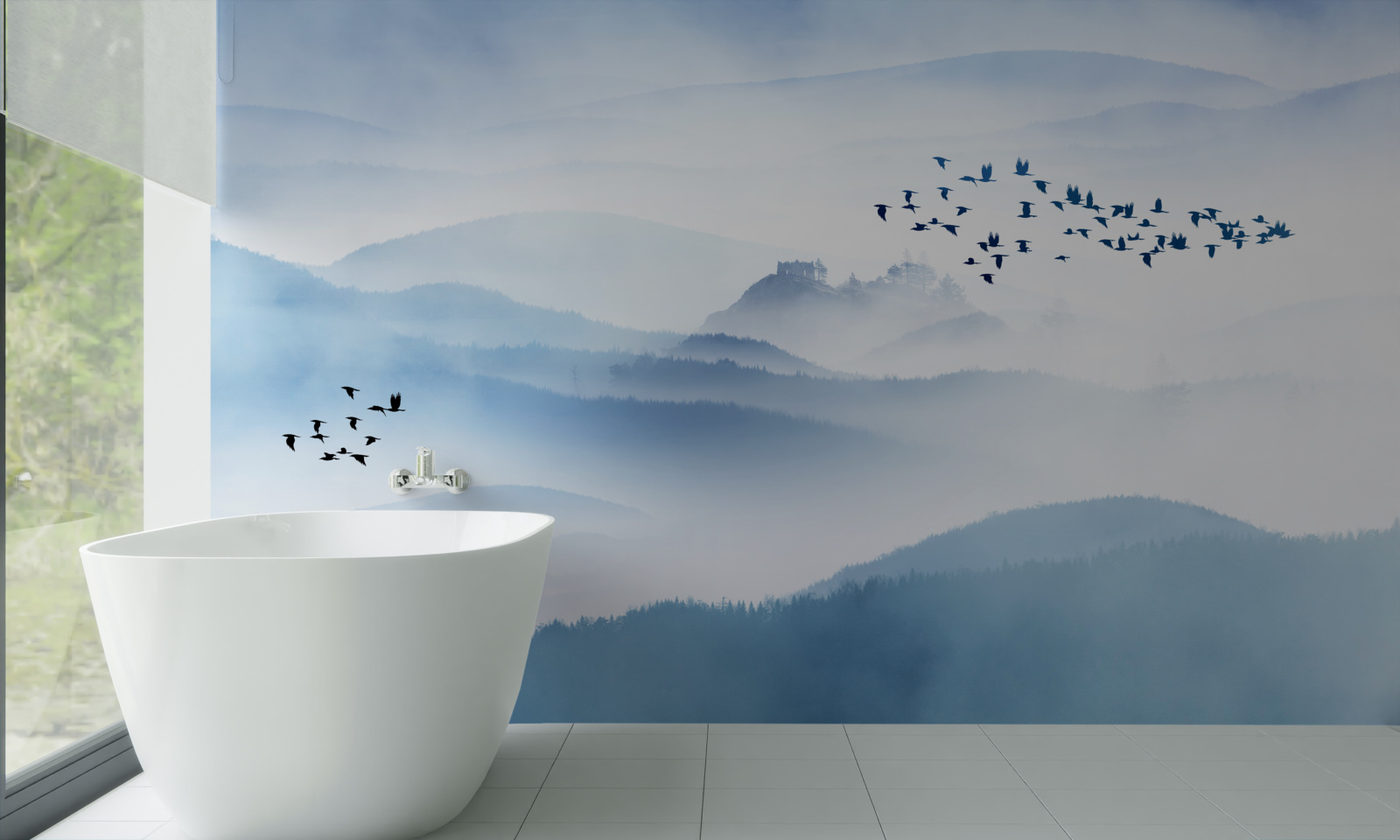 Fototapeta kŕdle vtákov sa vznášajú nad hmlistými vrcholmi