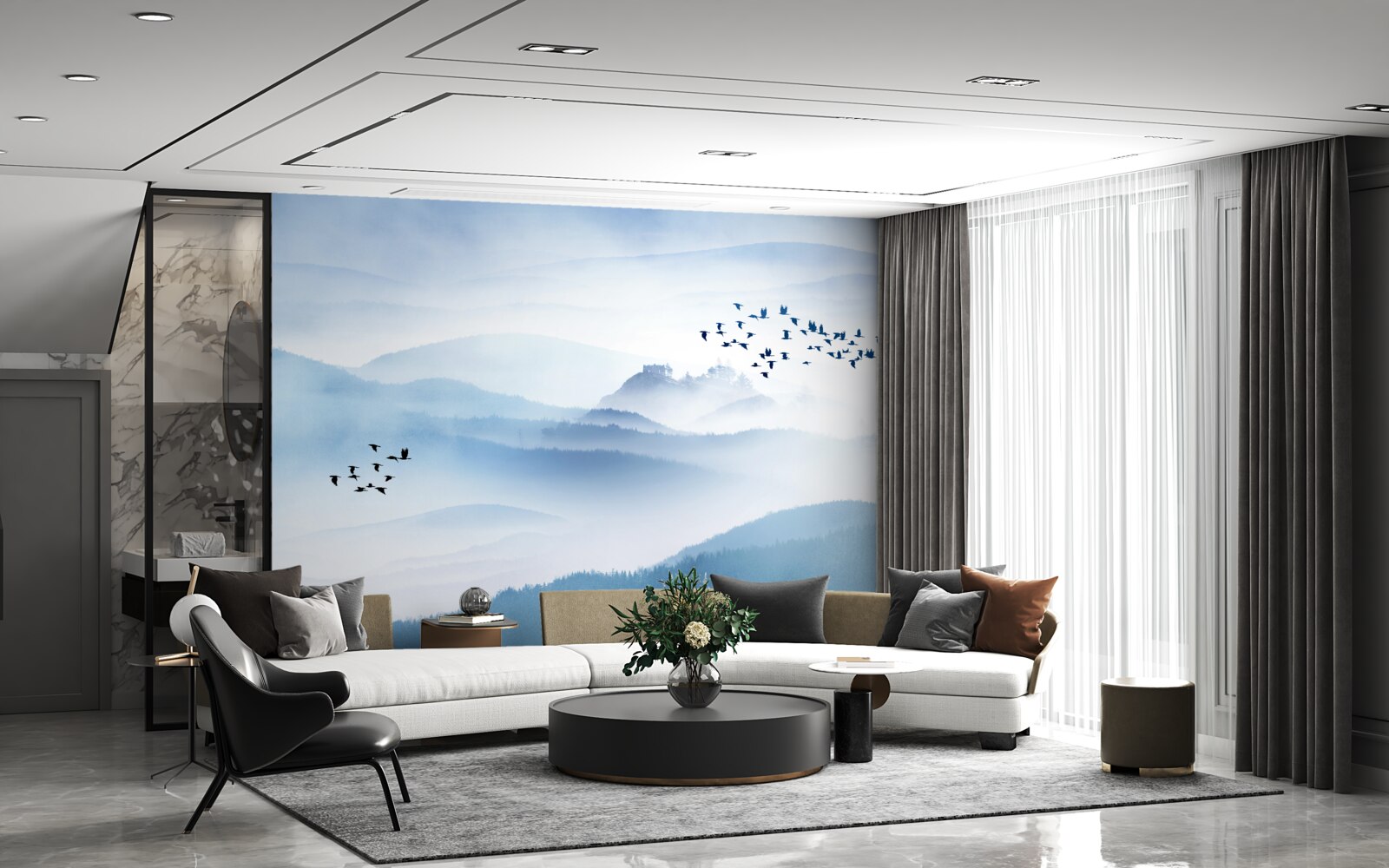 Fototapeta kŕdle vtákov sa vznášajú nad hmlistými vrcholmi