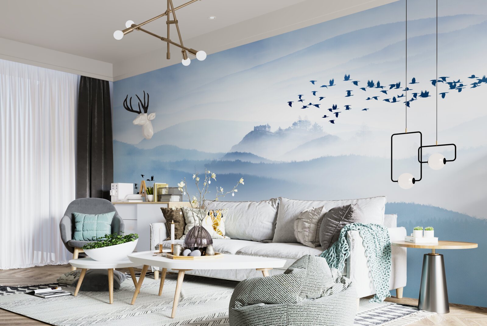 Fototapeta kŕdle vtákov sa vznášajú nad hmlistými vrcholmi