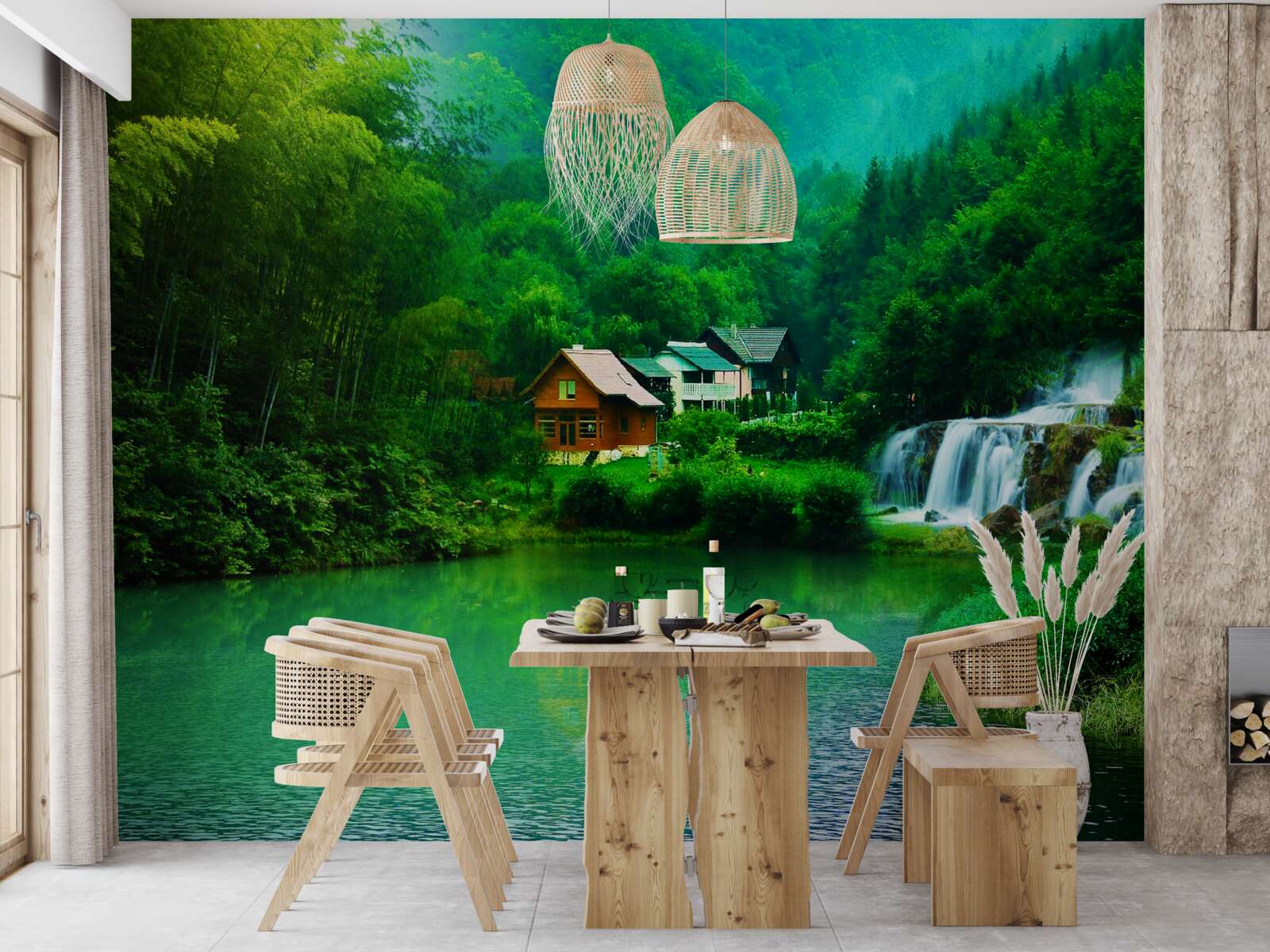 Fototapeta pokojný vodopád vedľa domu pri jazere