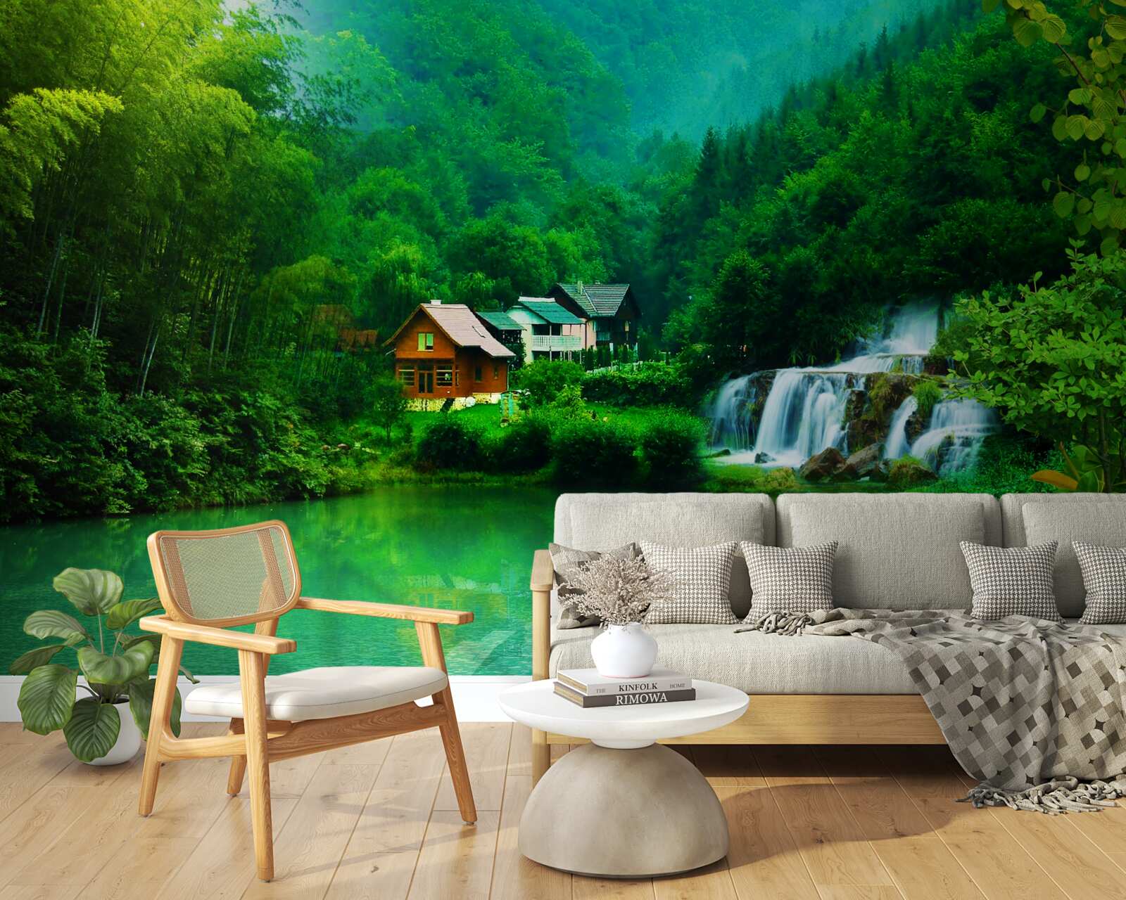 Fototapeta pokojný vodopád vedľa domu pri jazere