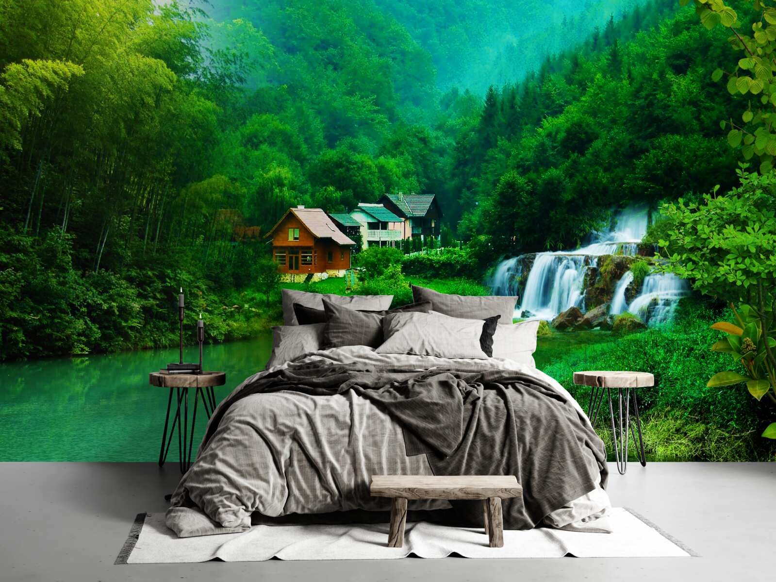 Fototapeta pokojný vodopád vedľa domu pri jazere