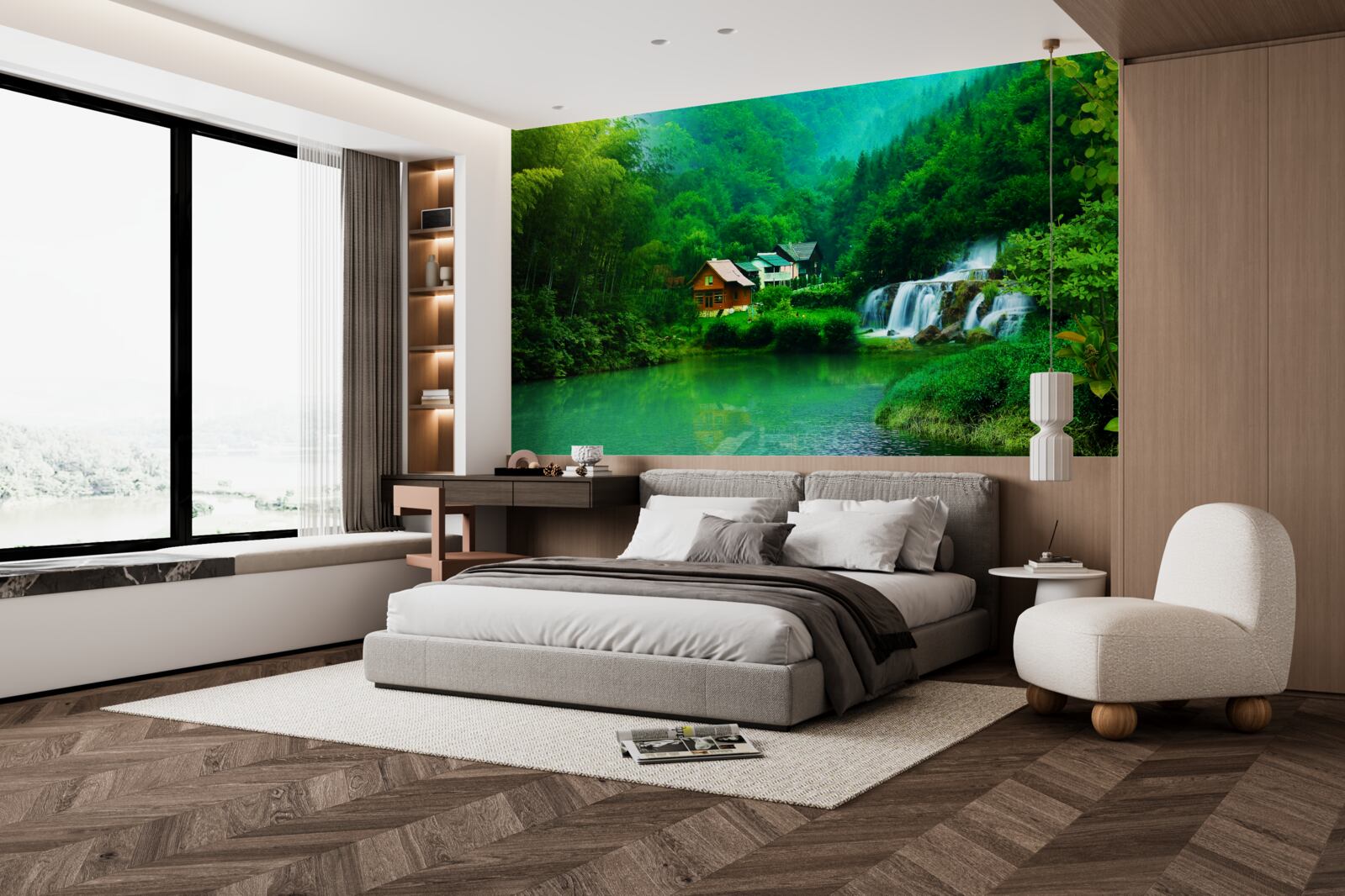 Fototapeta pokojný vodopád vedľa domu pri jazere