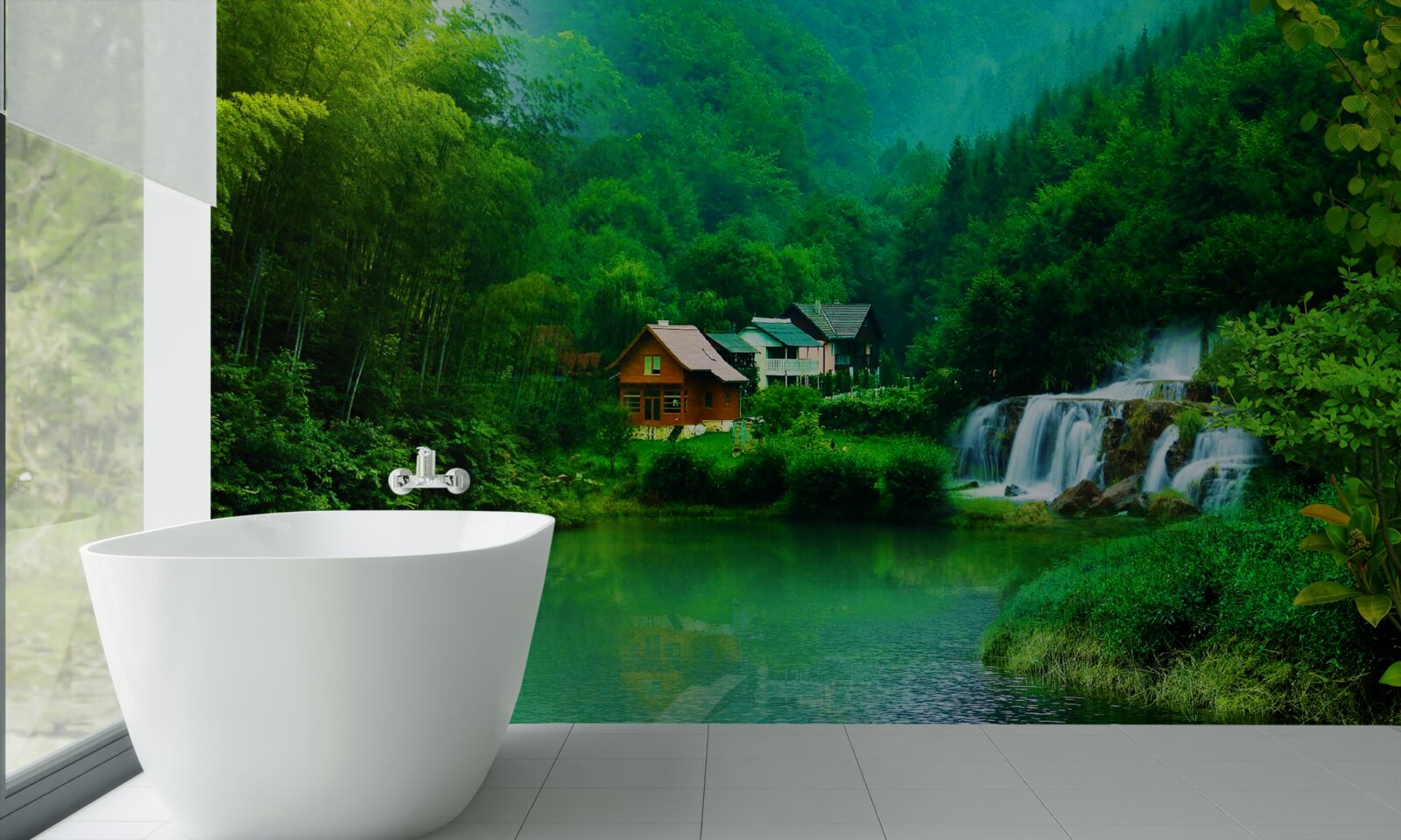 Fototapeta pokojný vodopád vedľa domu pri jazere