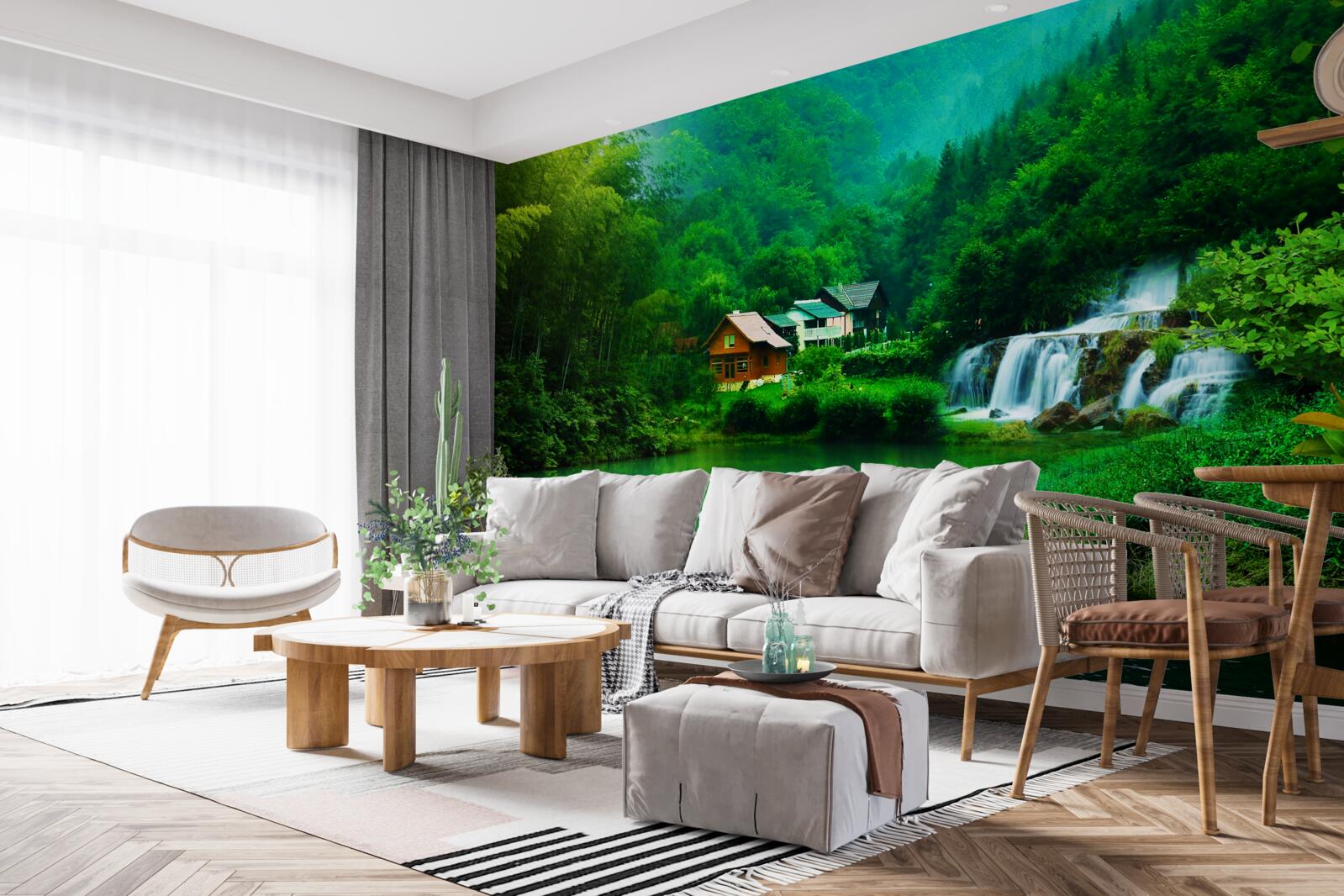 Fototapeta pokojný vodopád vedľa domu pri jazere