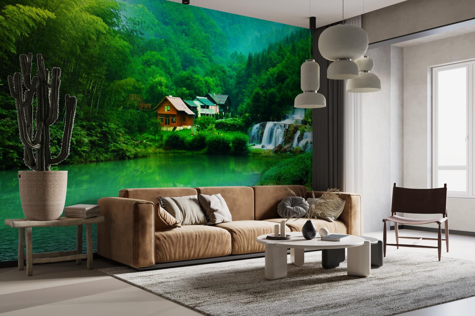 Fototapeta pokojný vodopád vedľa domu pri jazere