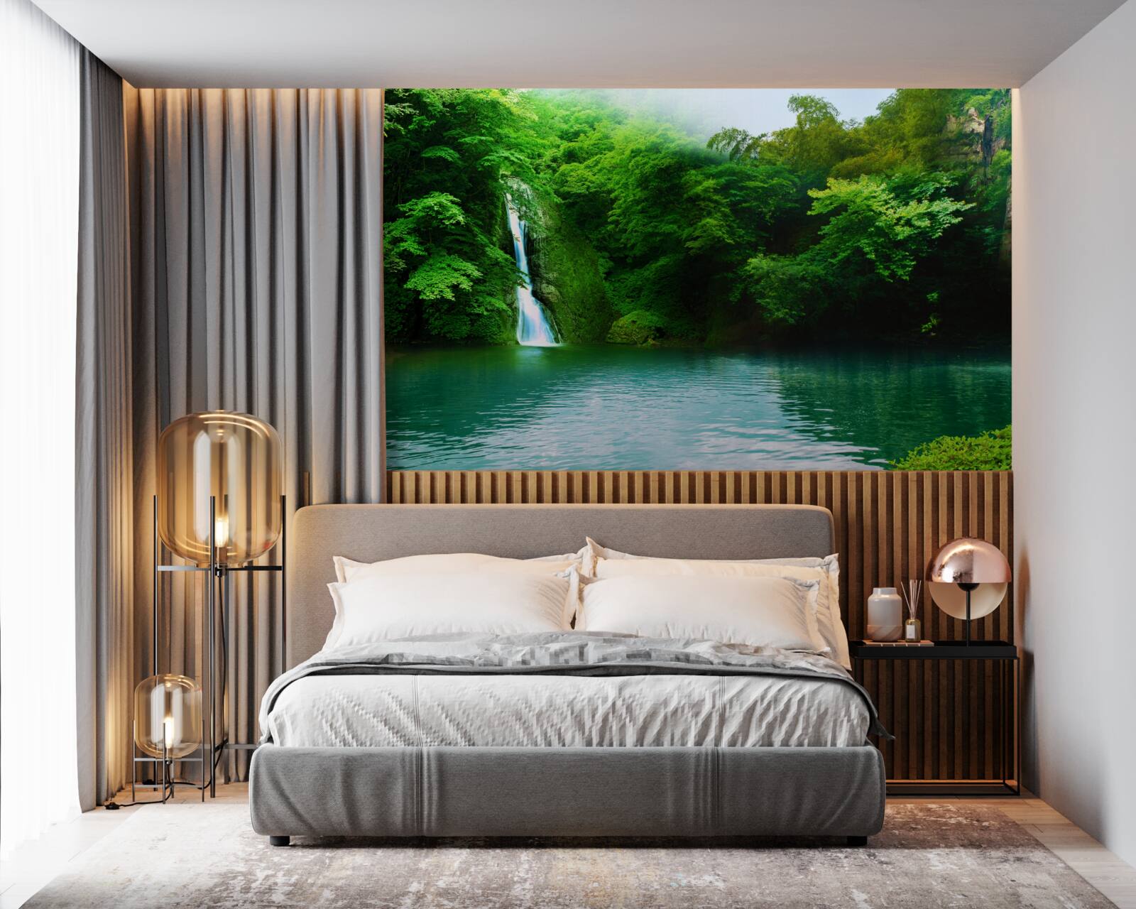 Fototapeta lesný vodopád tečúci z vysokej hory