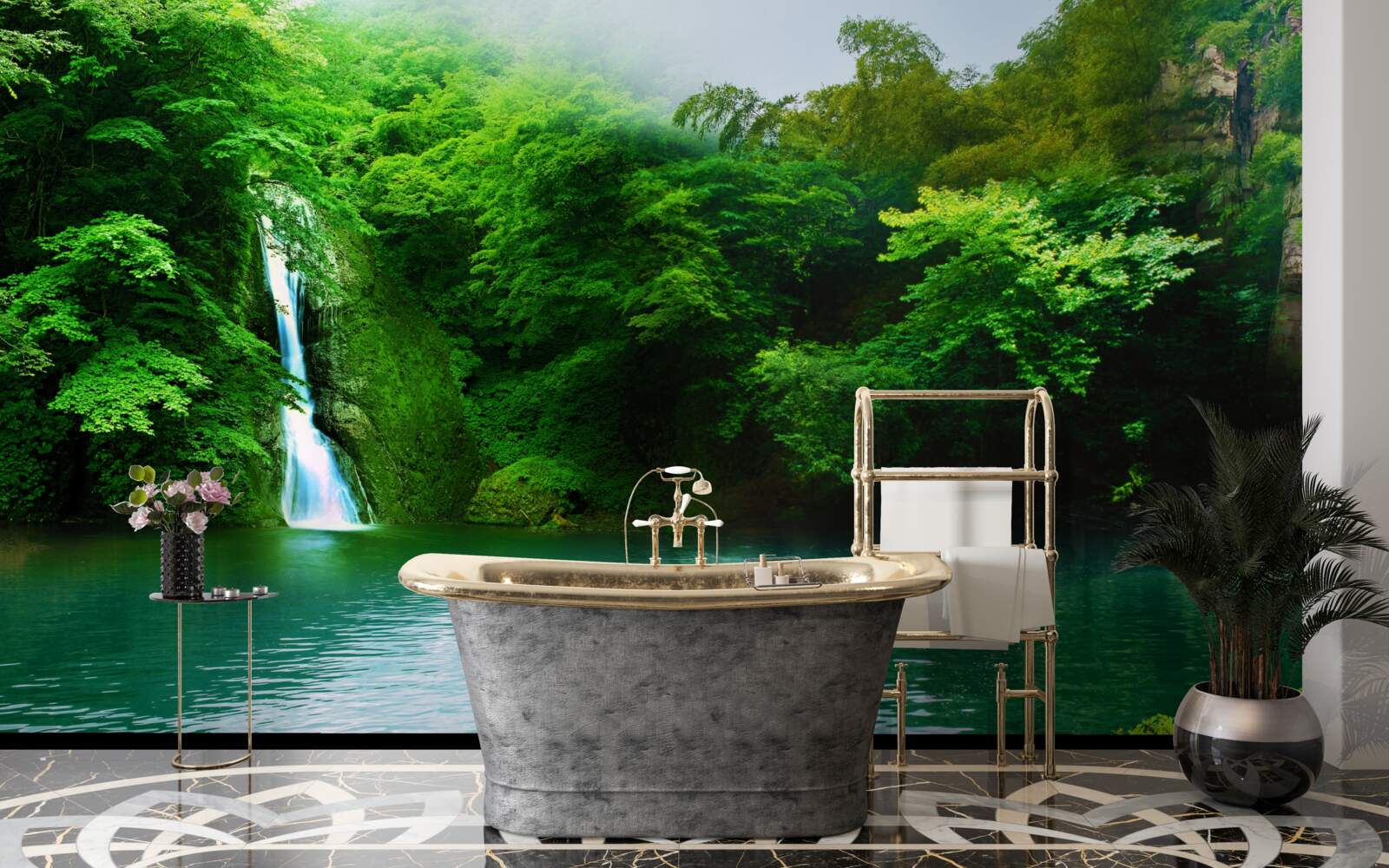 Fototapeta lesný vodopád tečúci z vysokej hory