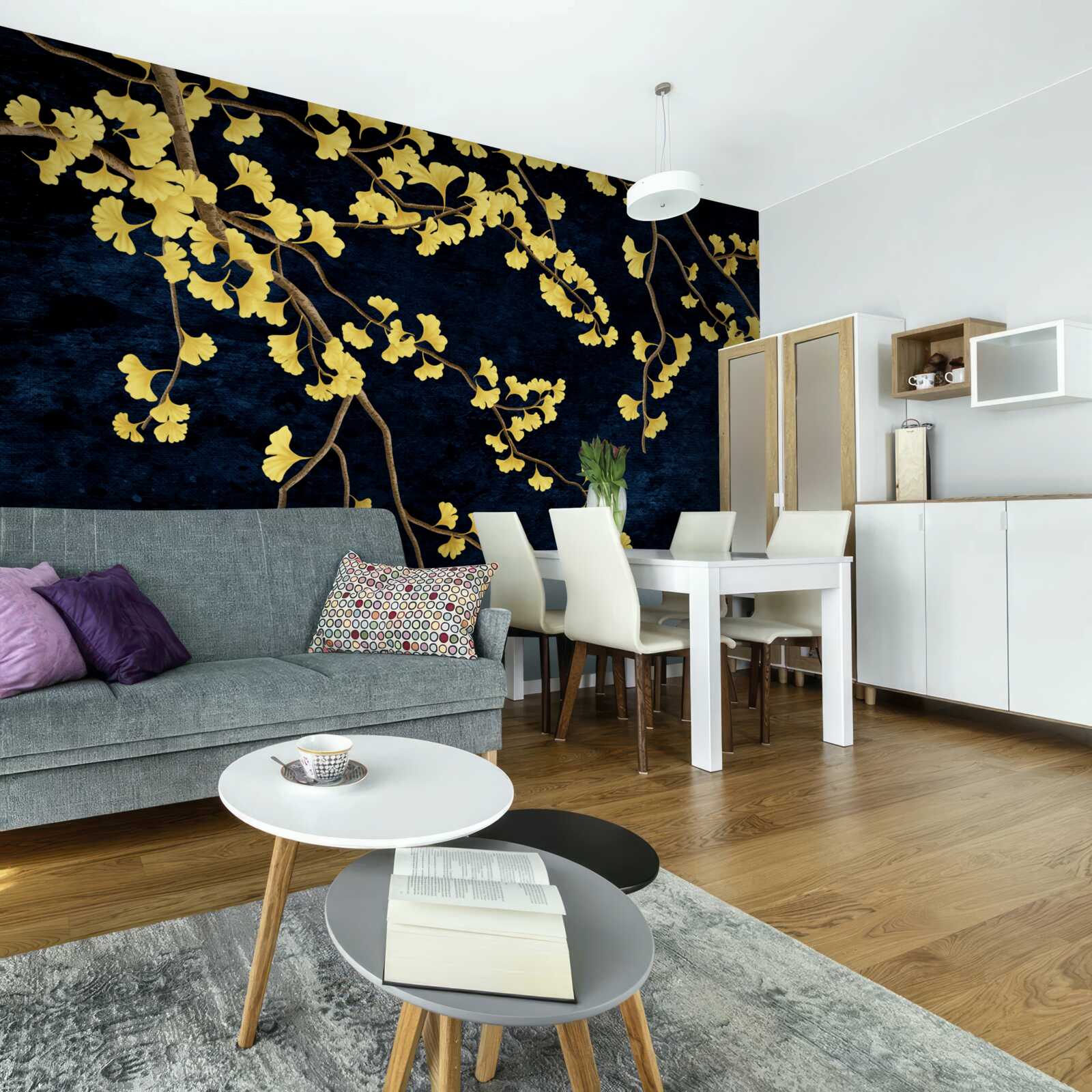 Fototapeta vetvy žltých listov proti nočnej oblohe