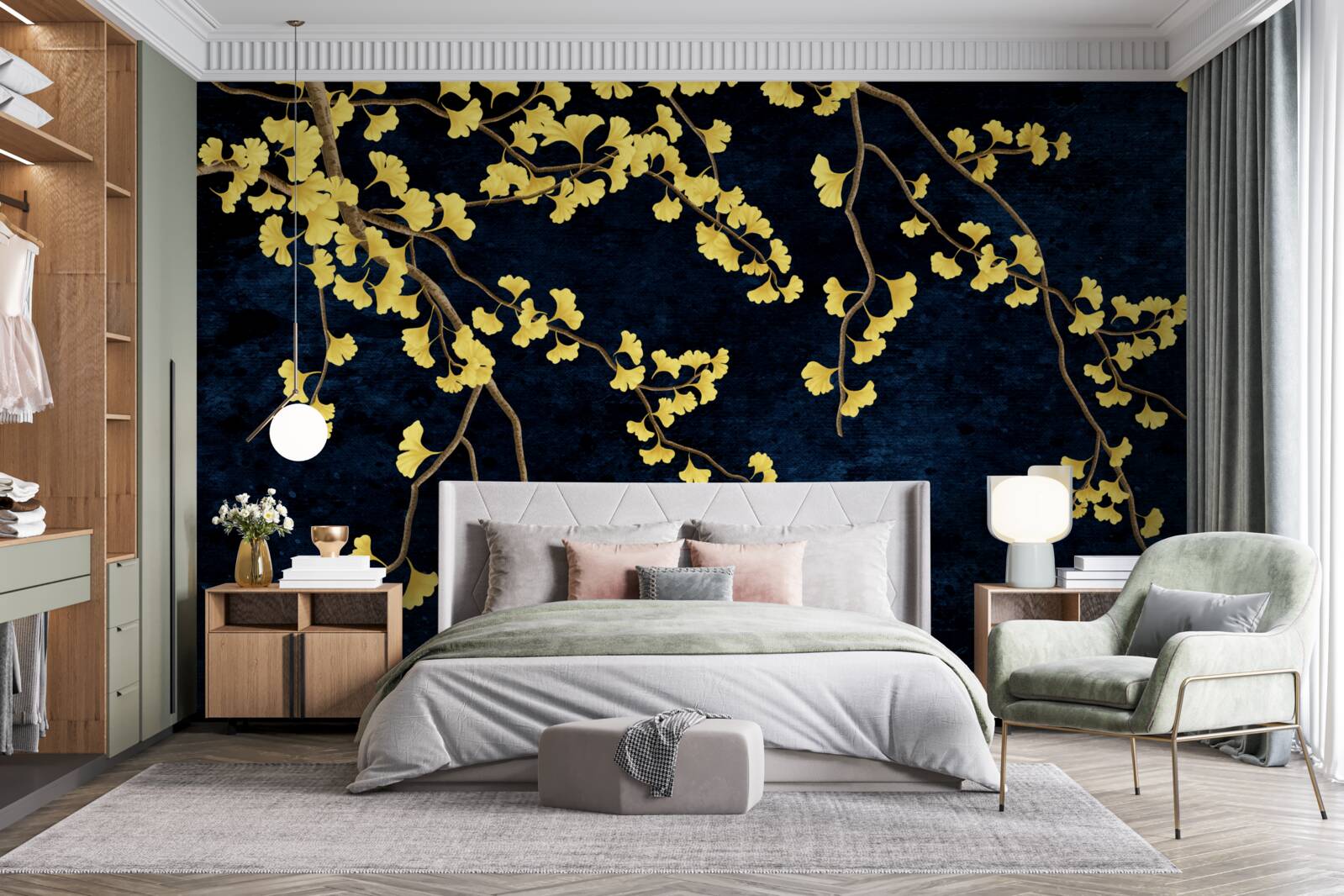 Fototapeta vetvy žltých listov proti nočnej oblohe