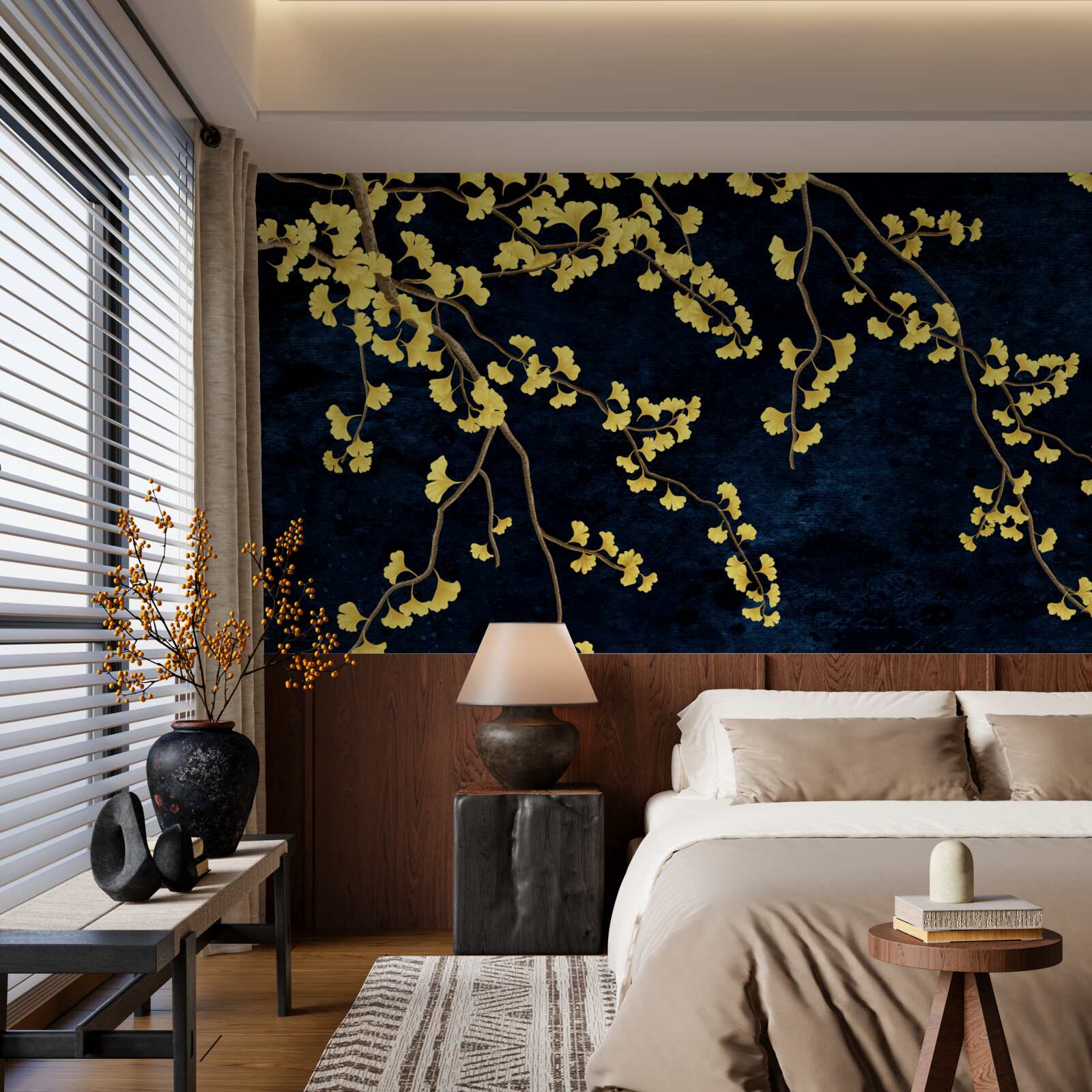 Fototapeta vetvy žltých listov proti nočnej oblohe