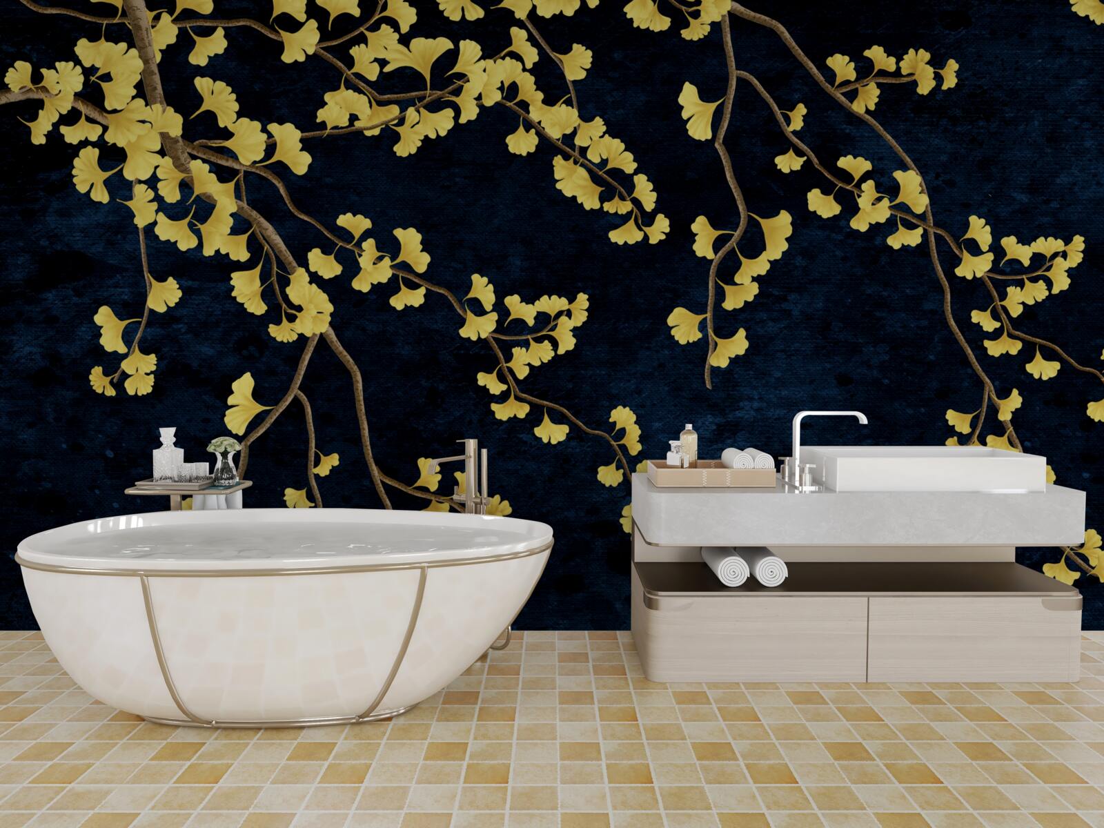 Fototapeta vetvy žltých listov proti nočnej oblohe