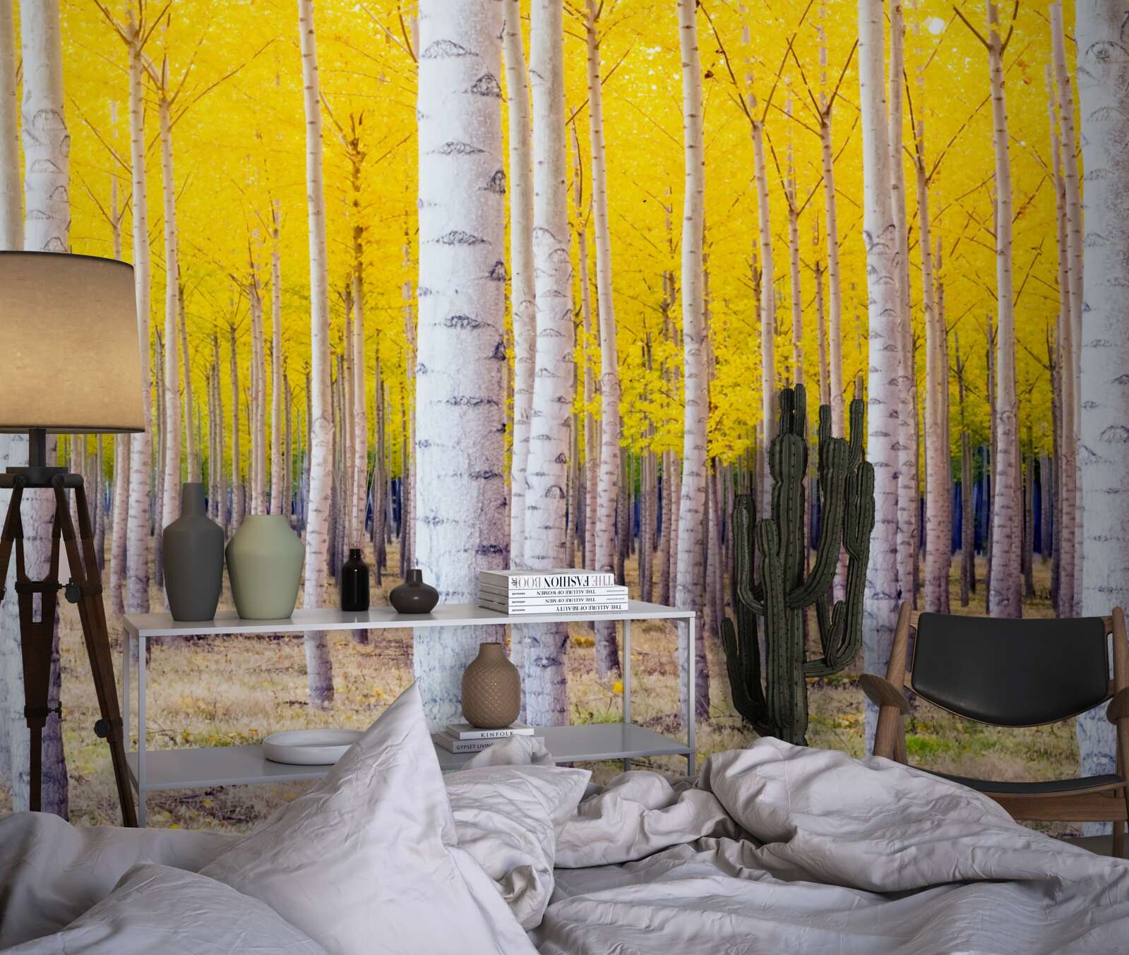 Fototapeta svetložlté farby sa rozžiaria v brezovom lese