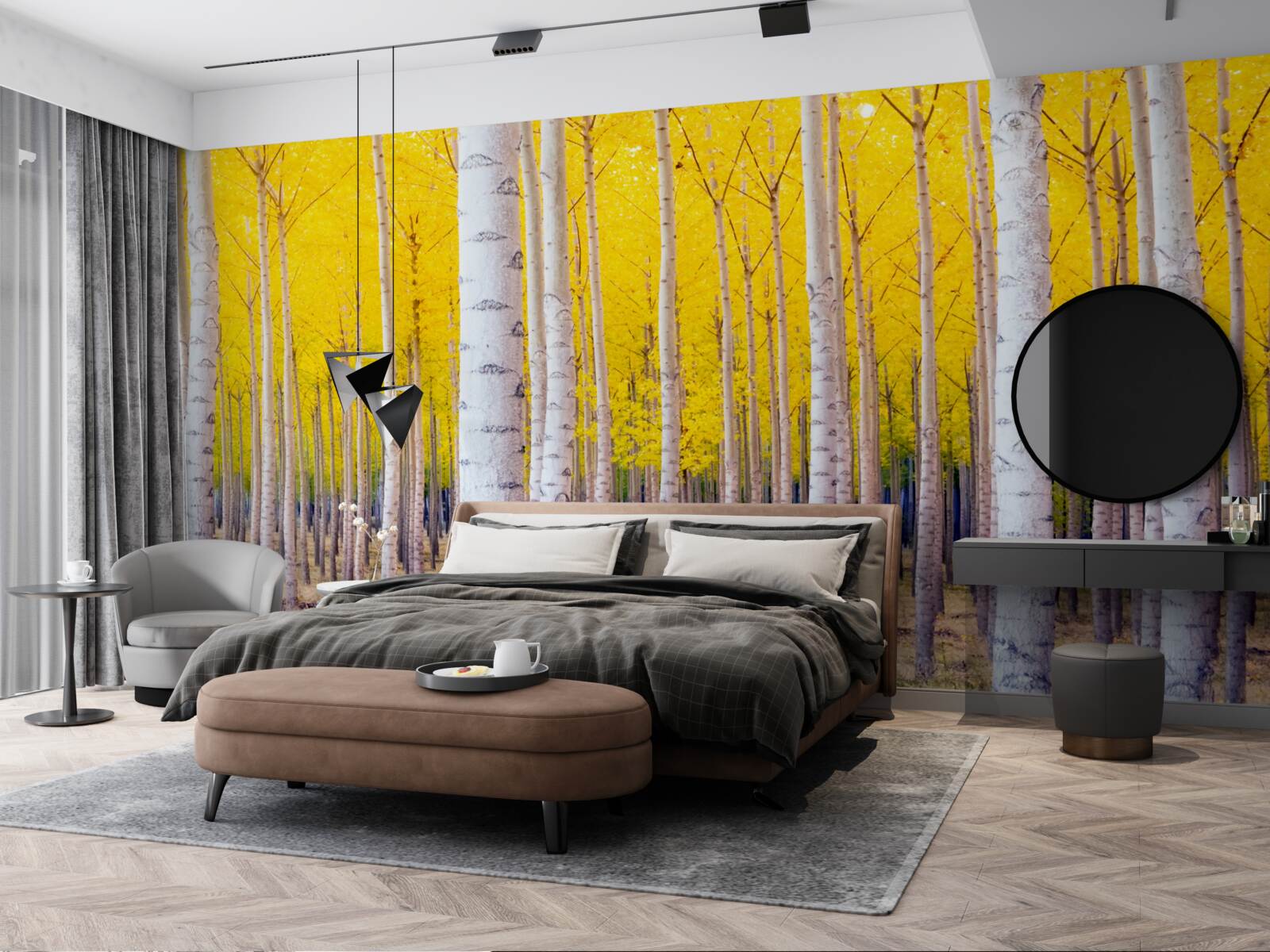 Fototapeta svetložlté farby sa rozžiaria v brezovom lese